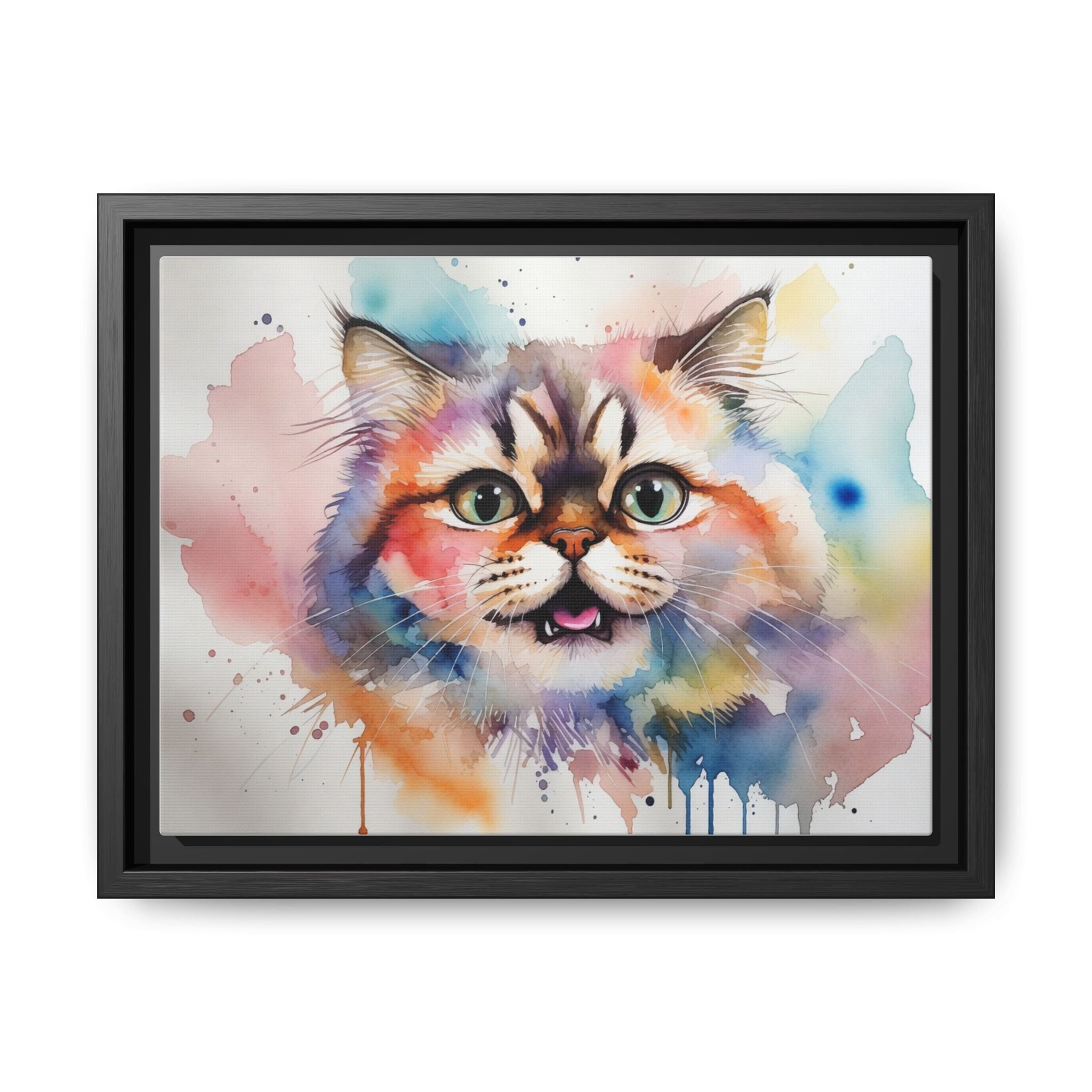 Colorful Watercolor Cat Portrait Framed Canvas