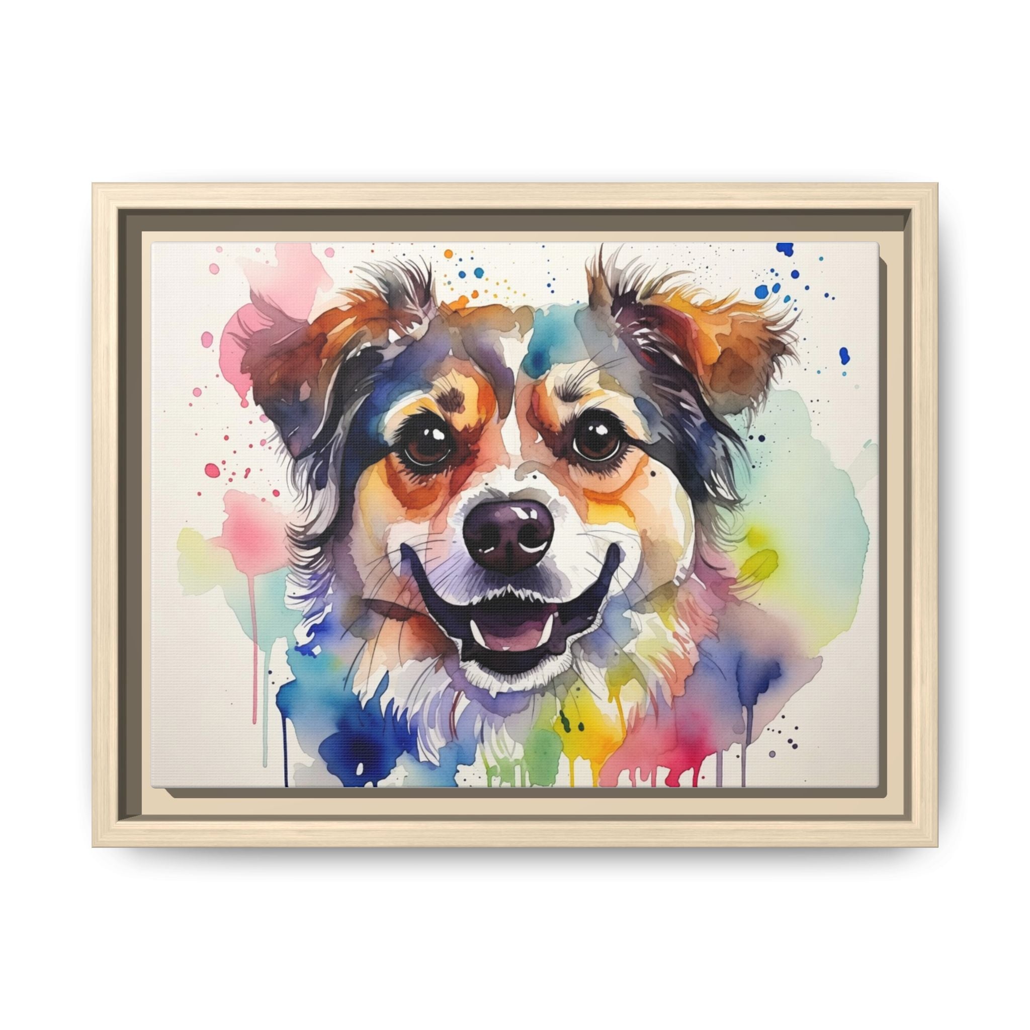 Framed Watercolor Dog Canvas — Vibrant Multi‑Color Pet Portrait