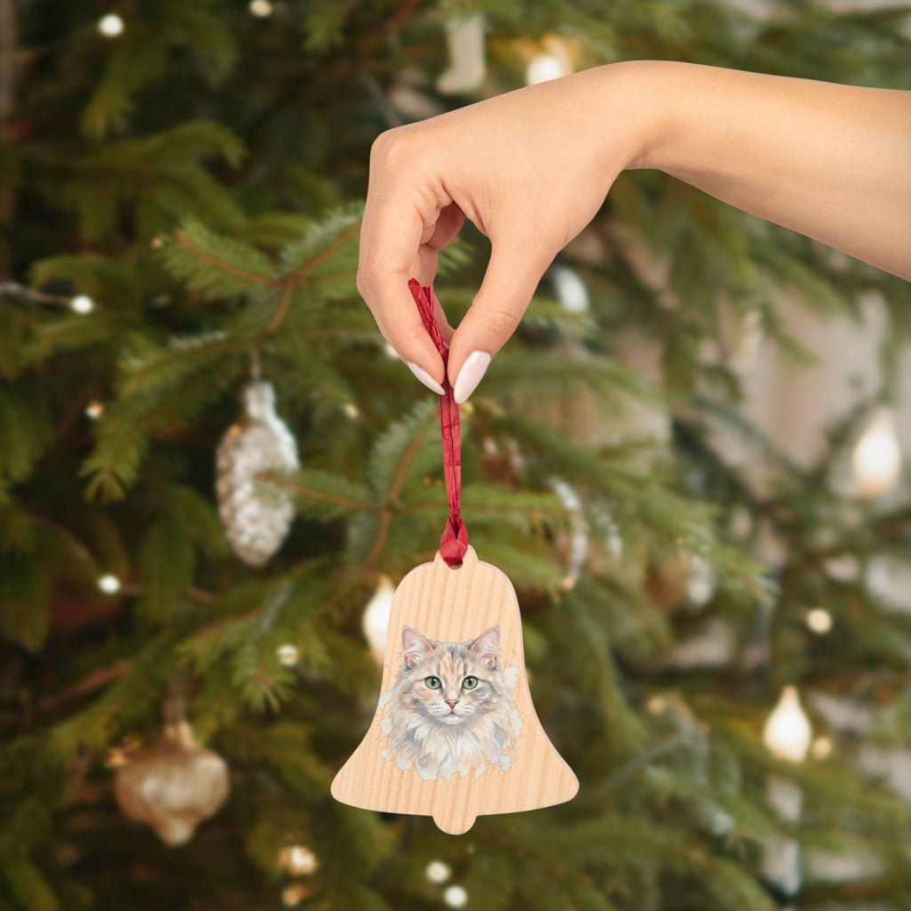Bell-Shaped Wooden Cat Ornament - Hand-Painted Kitten Holiday Decoration