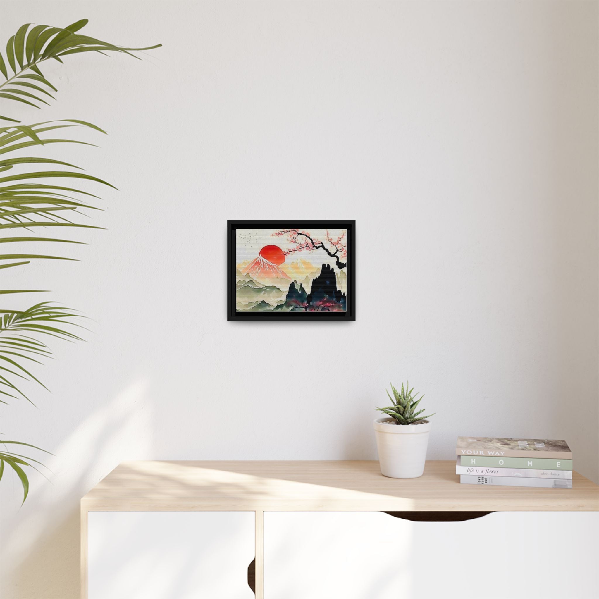 Framed Matte Canvas - Japanese Sunrise Landscape with Cherry Blossoms