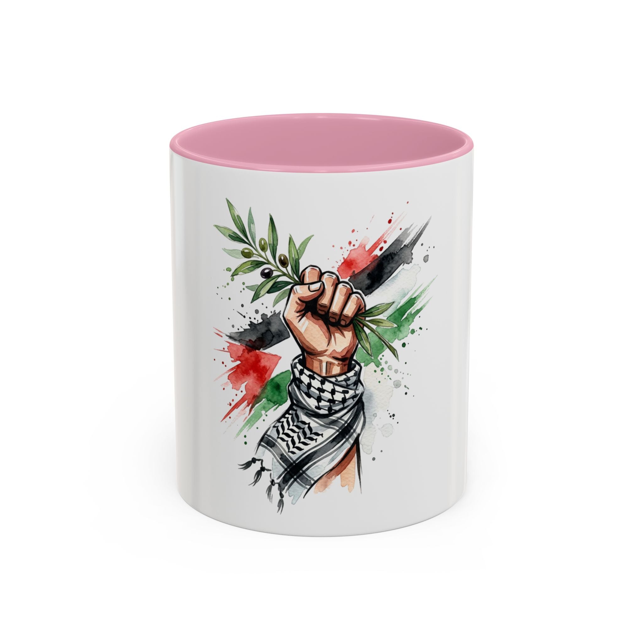 Free Palestine Protest Fist Mug — Olive Branch & Keffiyeh 11oz/15oz