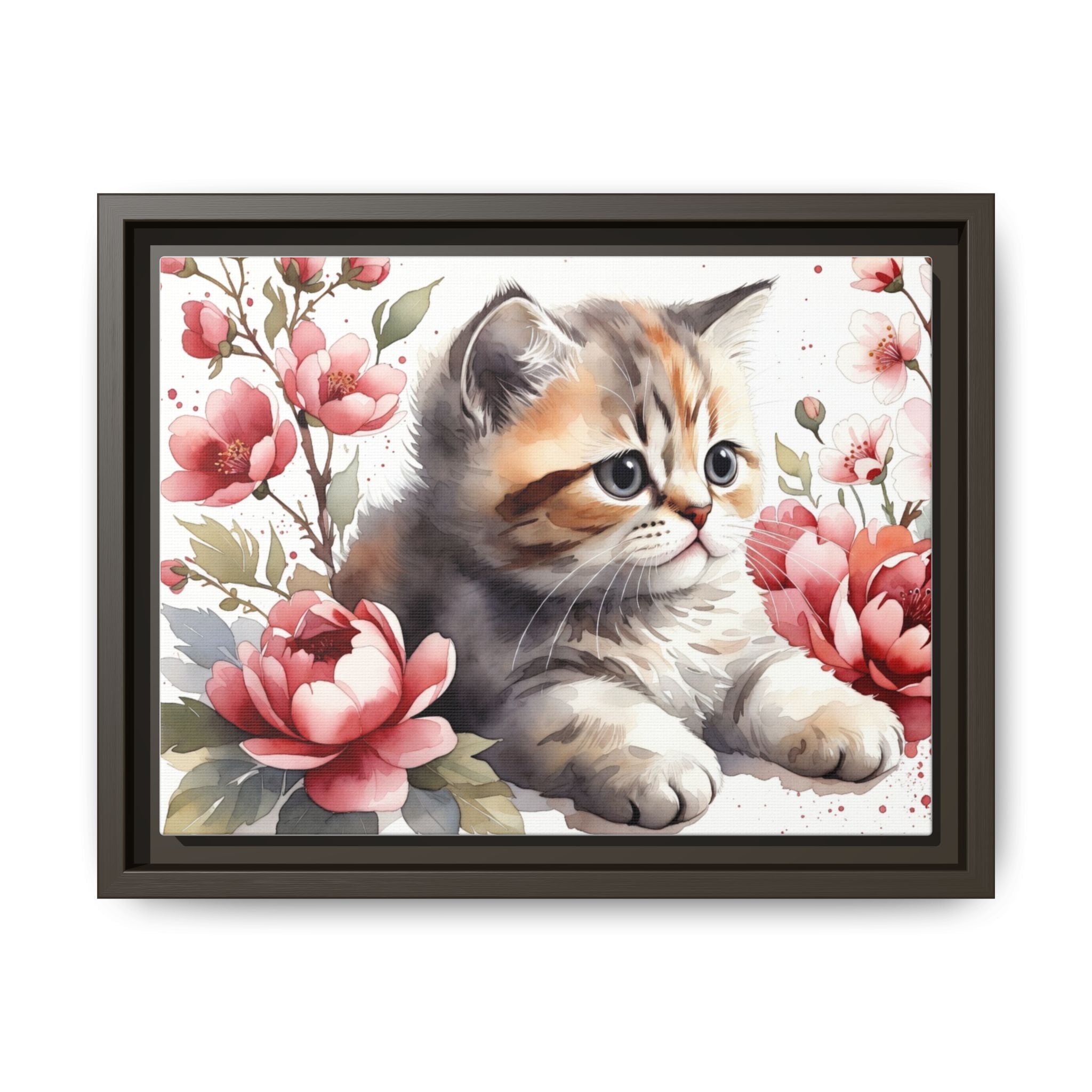 Framed Matte Canvas: Floral Kitten Wall Art