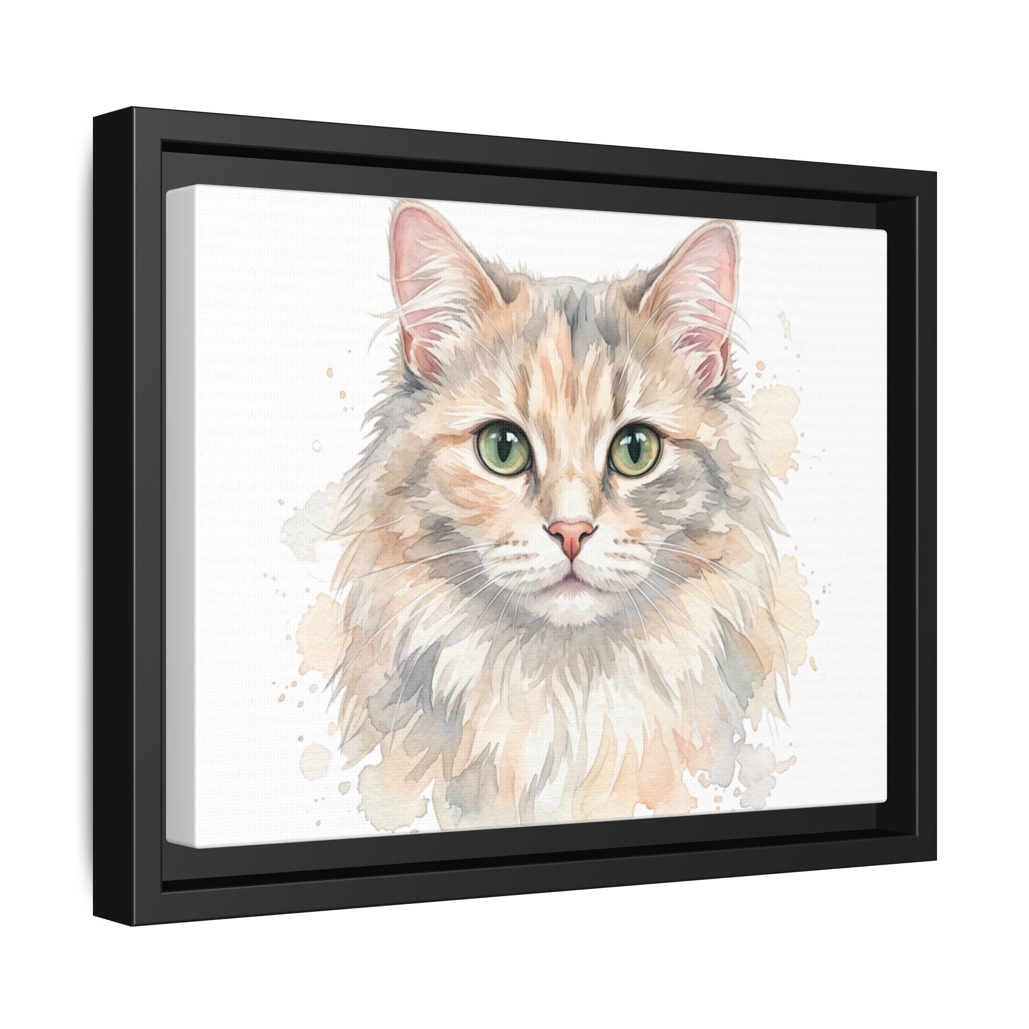 Framed Watercolor Cat Portrait Canvas — Matte Multi-Color Wall Art