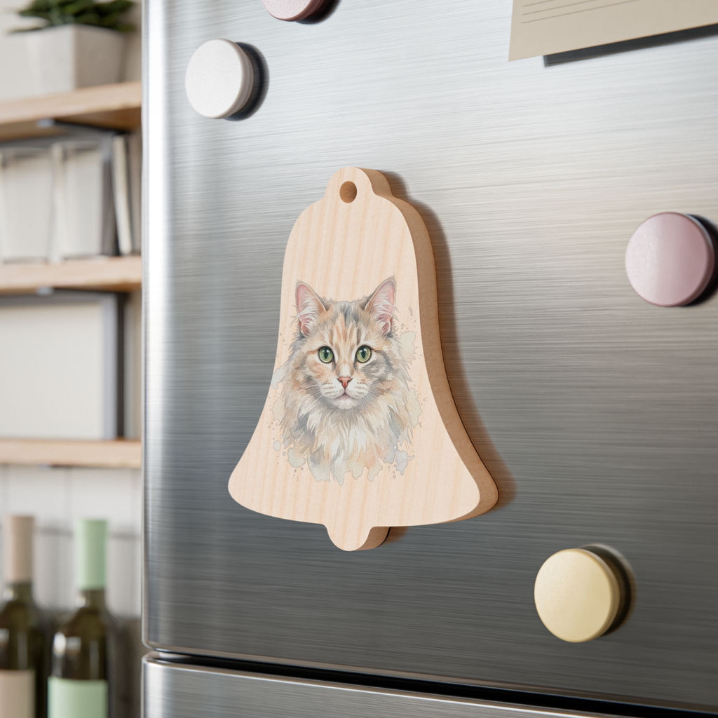 Bell-Shaped Wooden Cat Ornament - Hand-Painted Kitten Holiday Decoration