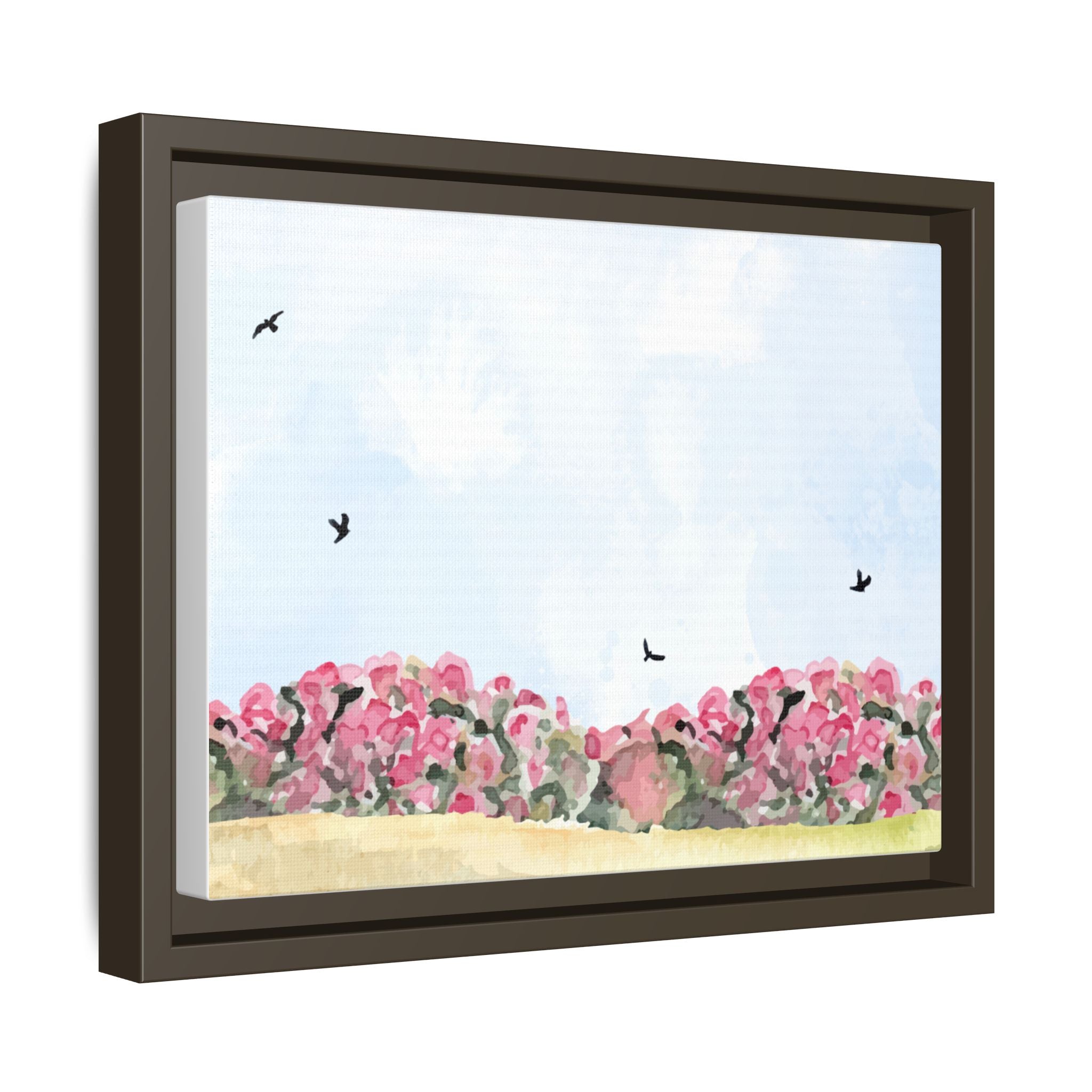 Framed Floral Canvas Art – Pink Bloom Landscape with Birds