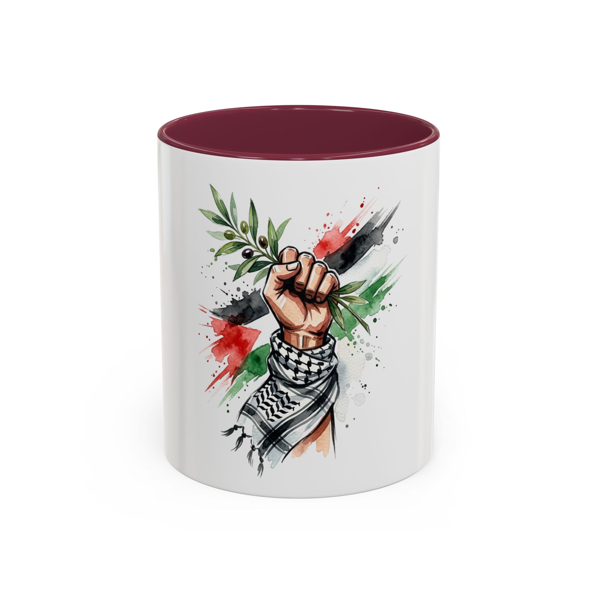 Free Palestine Protest Fist Mug — Olive Branch & Keffiyeh 11oz/15oz