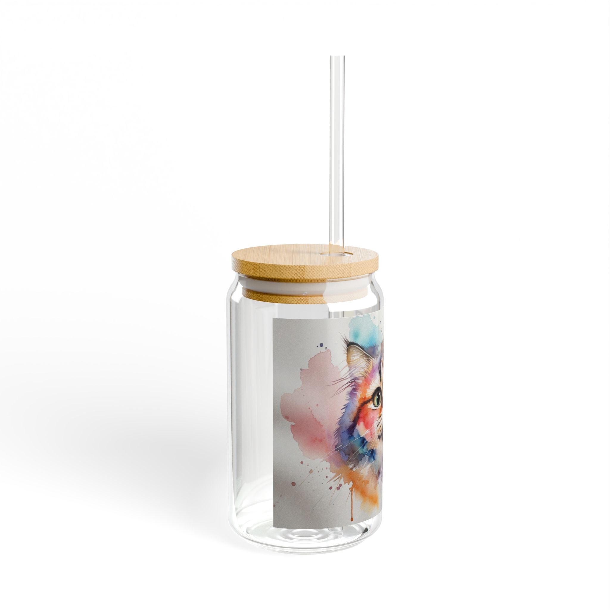 Cat Watercolor Sipper Glass, 16oz – Colorful Kitty Canister with Straw