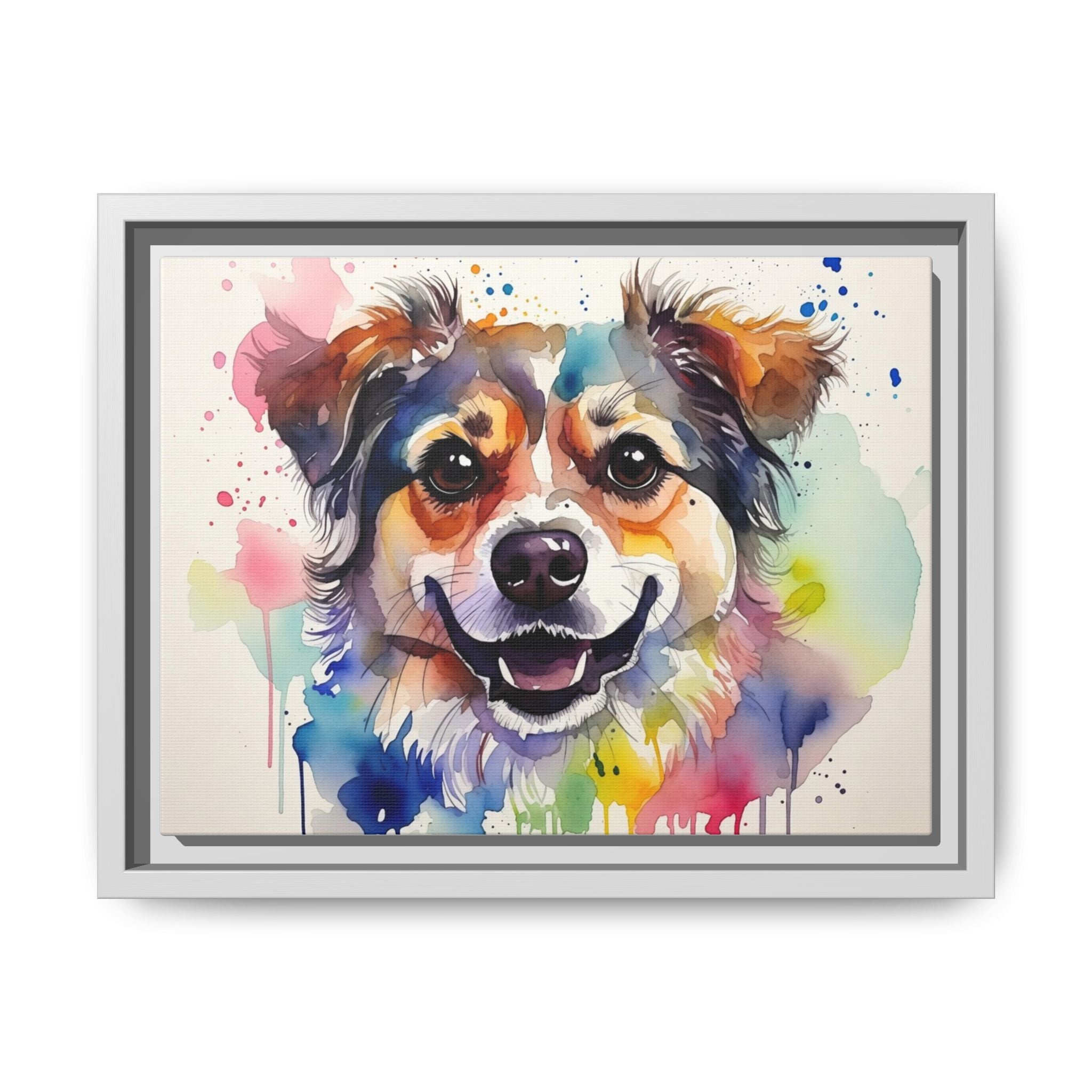 Framed Watercolor Dog Canvas — Vibrant Multi‑Color Pet Portrait