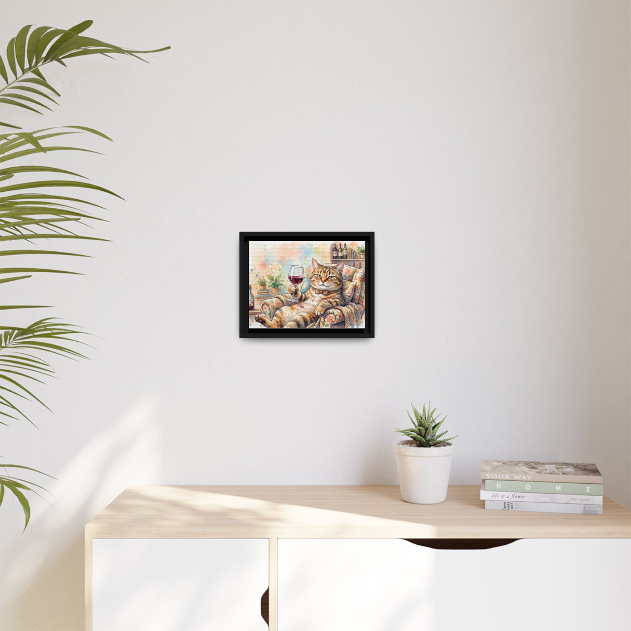 Framed Canvas Art — Relaxed Cat with Wine Watercolor Print