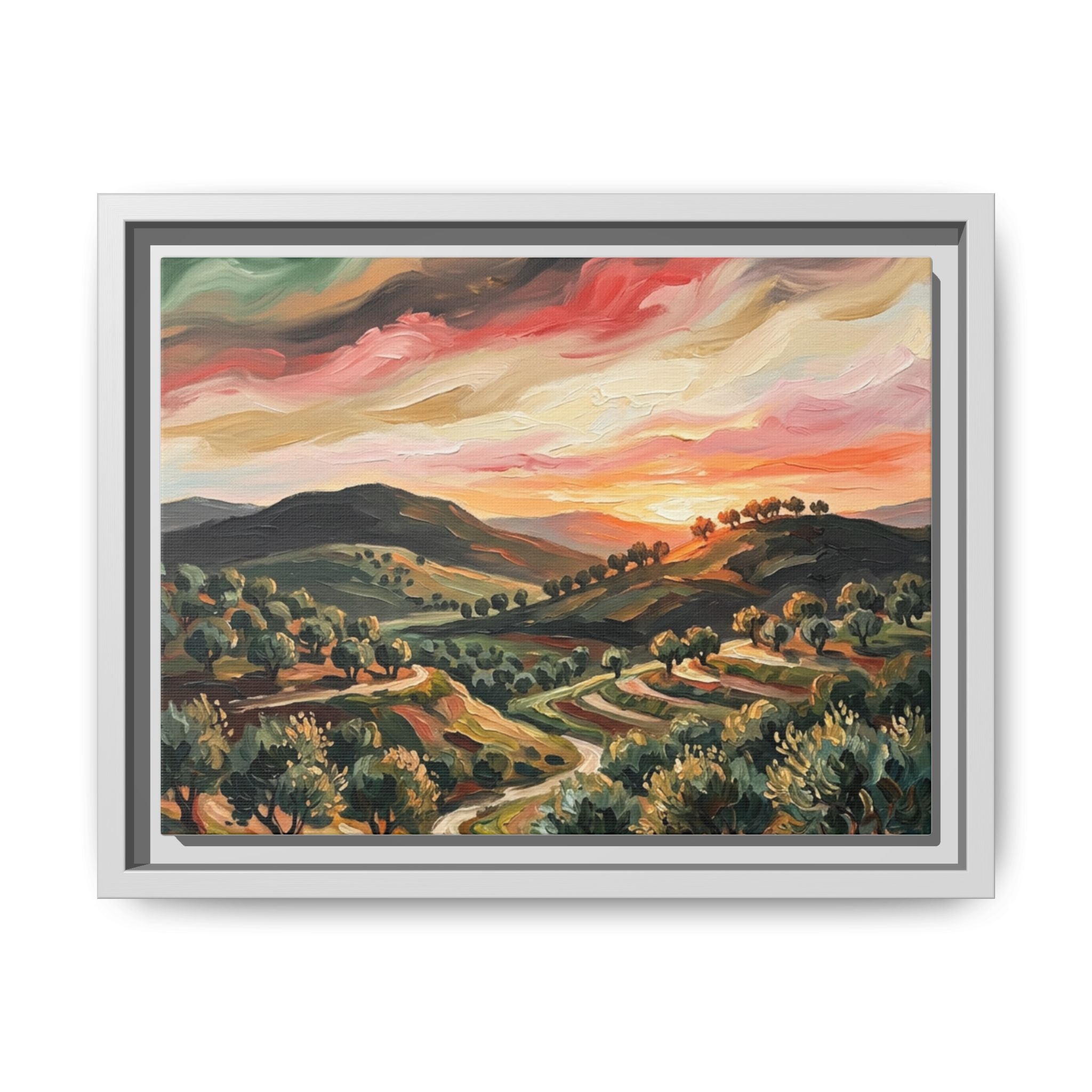 Framed Matte Canvas Art - Colorful Sunset Hills Landscape