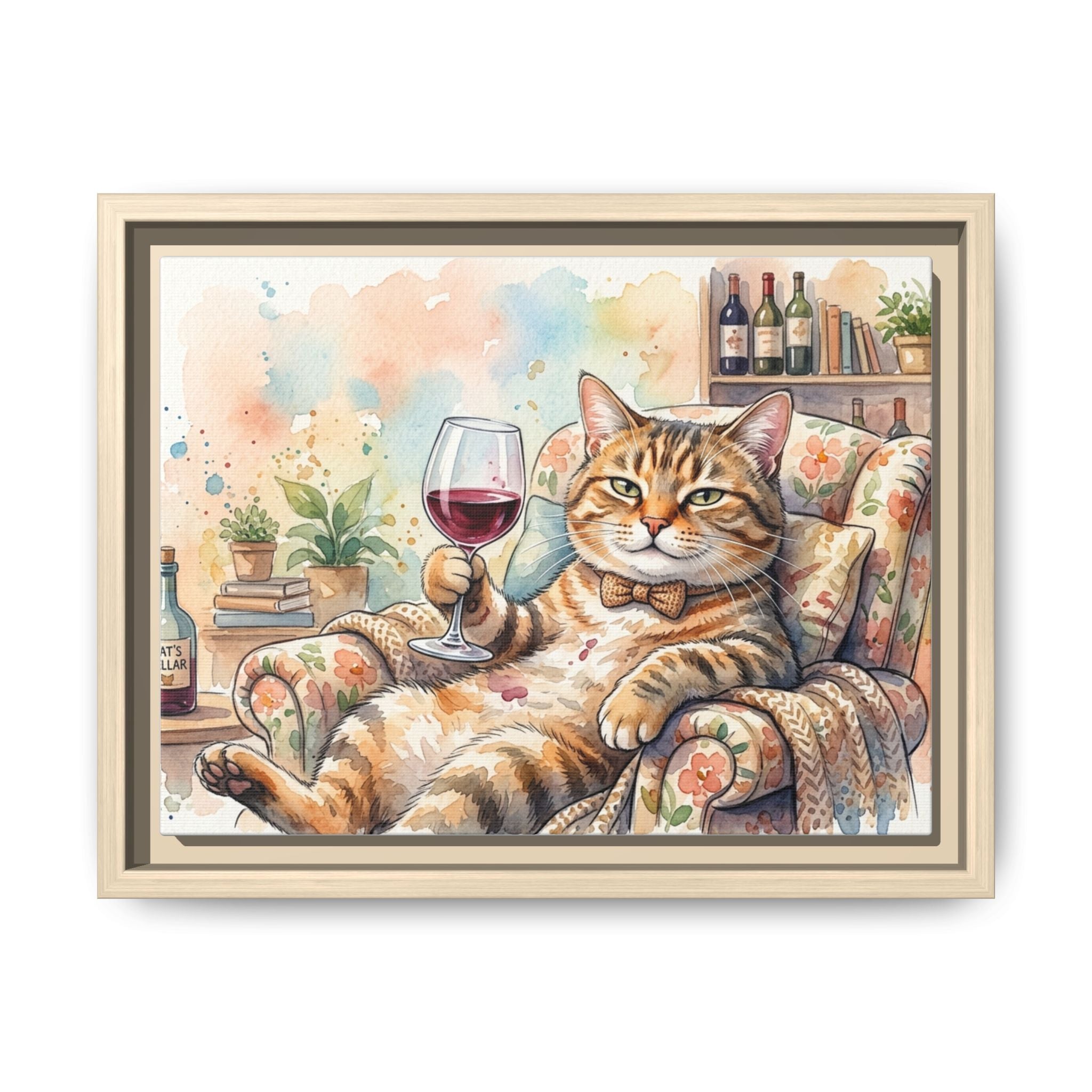 Framed Canvas Art — Relaxed Cat with Wine Watercolor Print