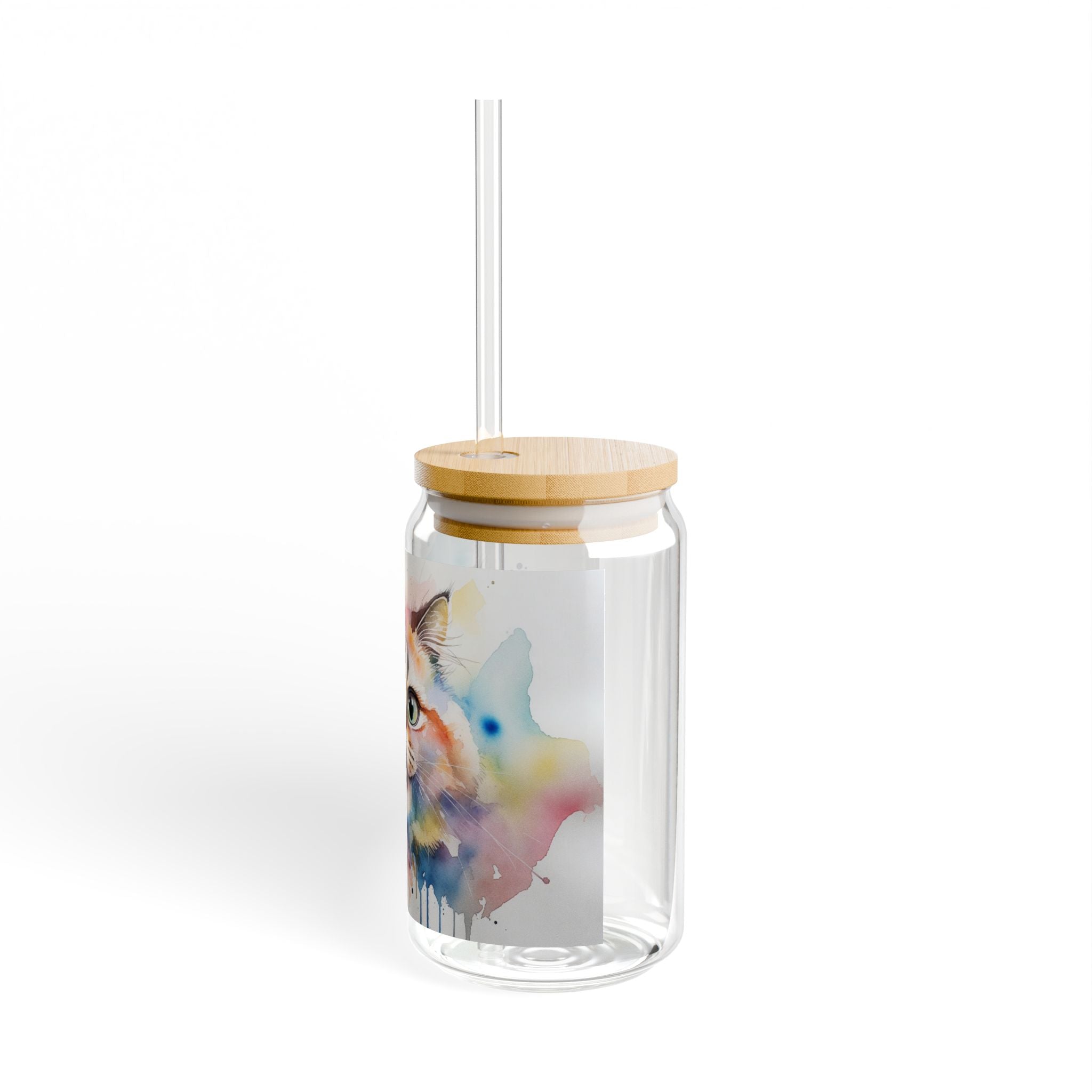 Cat Watercolor Sipper Glass, 16oz – Colorful Kitty Canister with Straw
