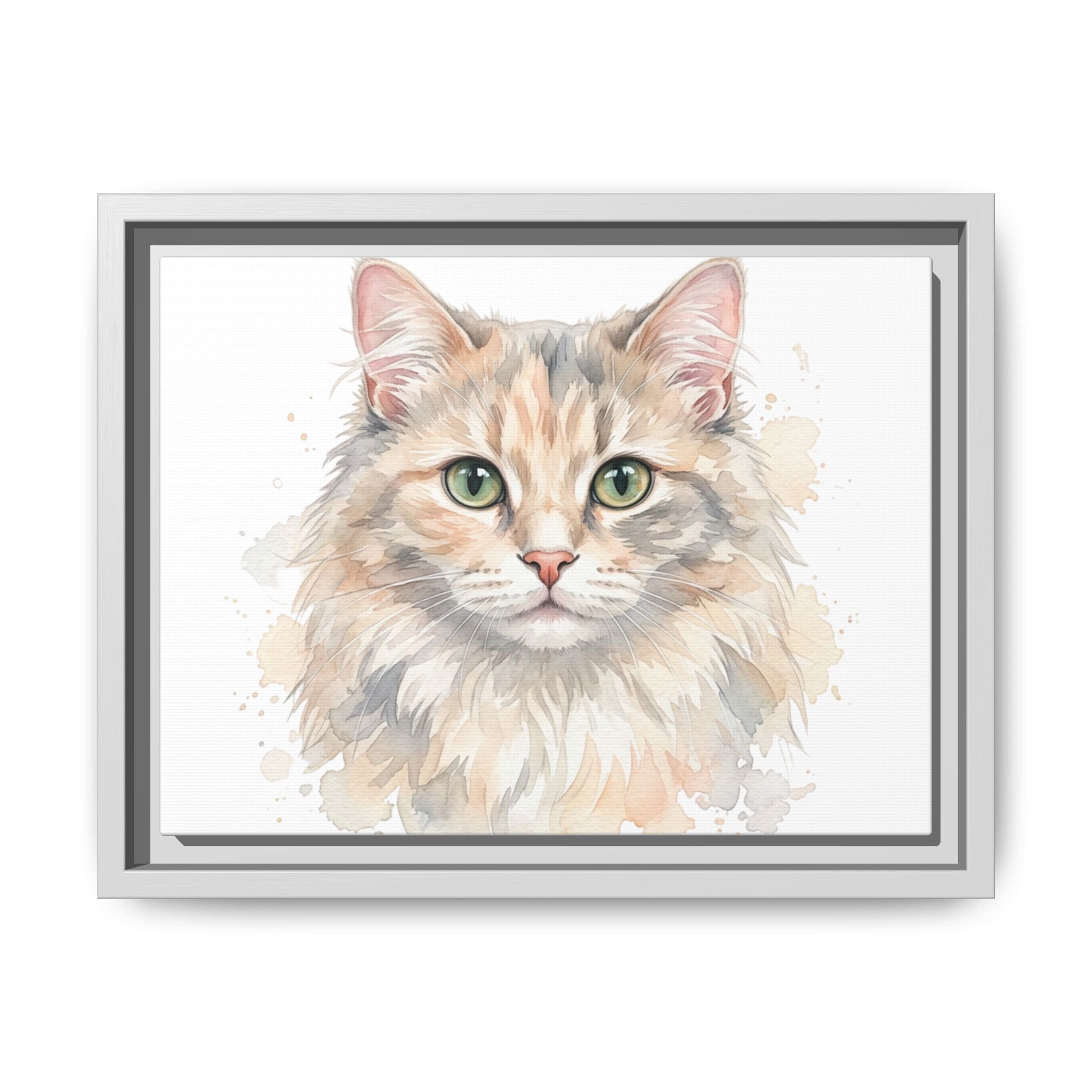 Framed Watercolor Cat Portrait Canvas — Matte Multi-Color Wall Art