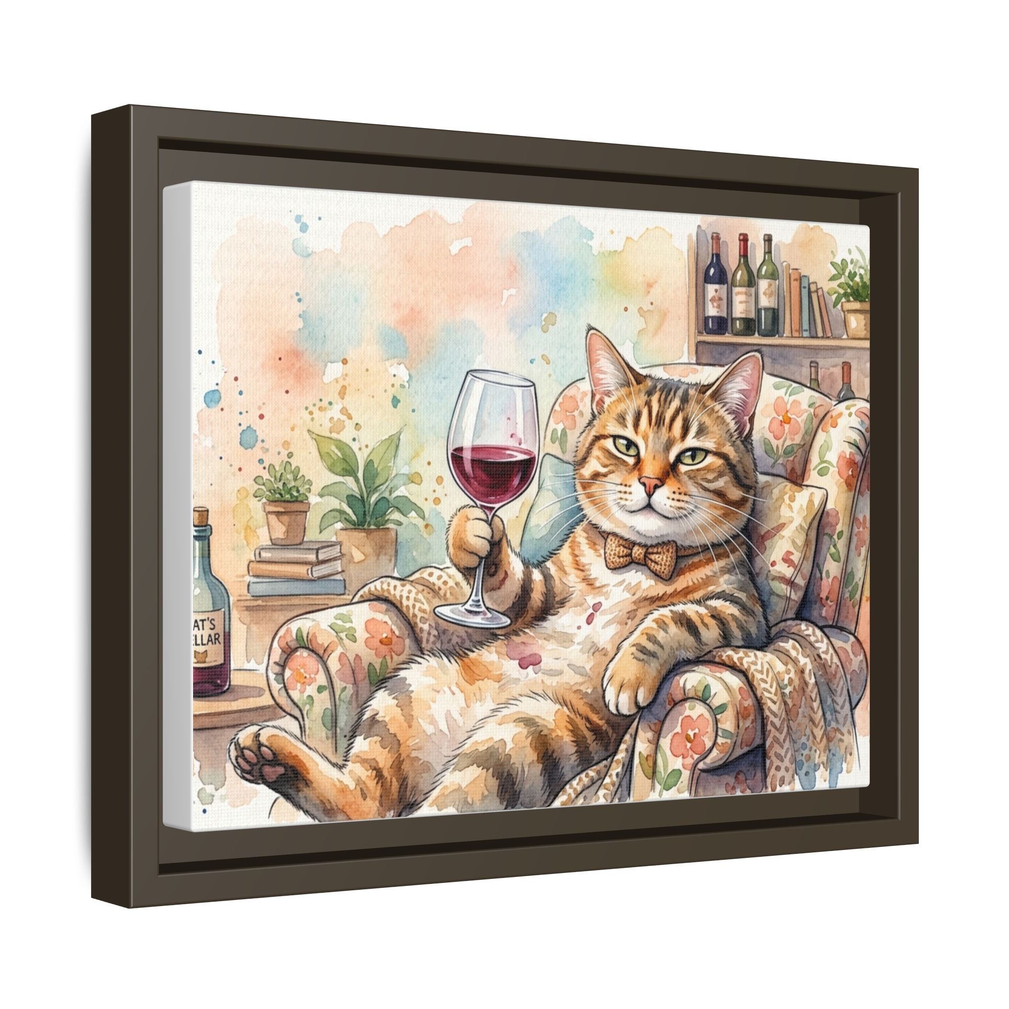Framed Canvas Art — Relaxed Cat with Wine Watercolor Print