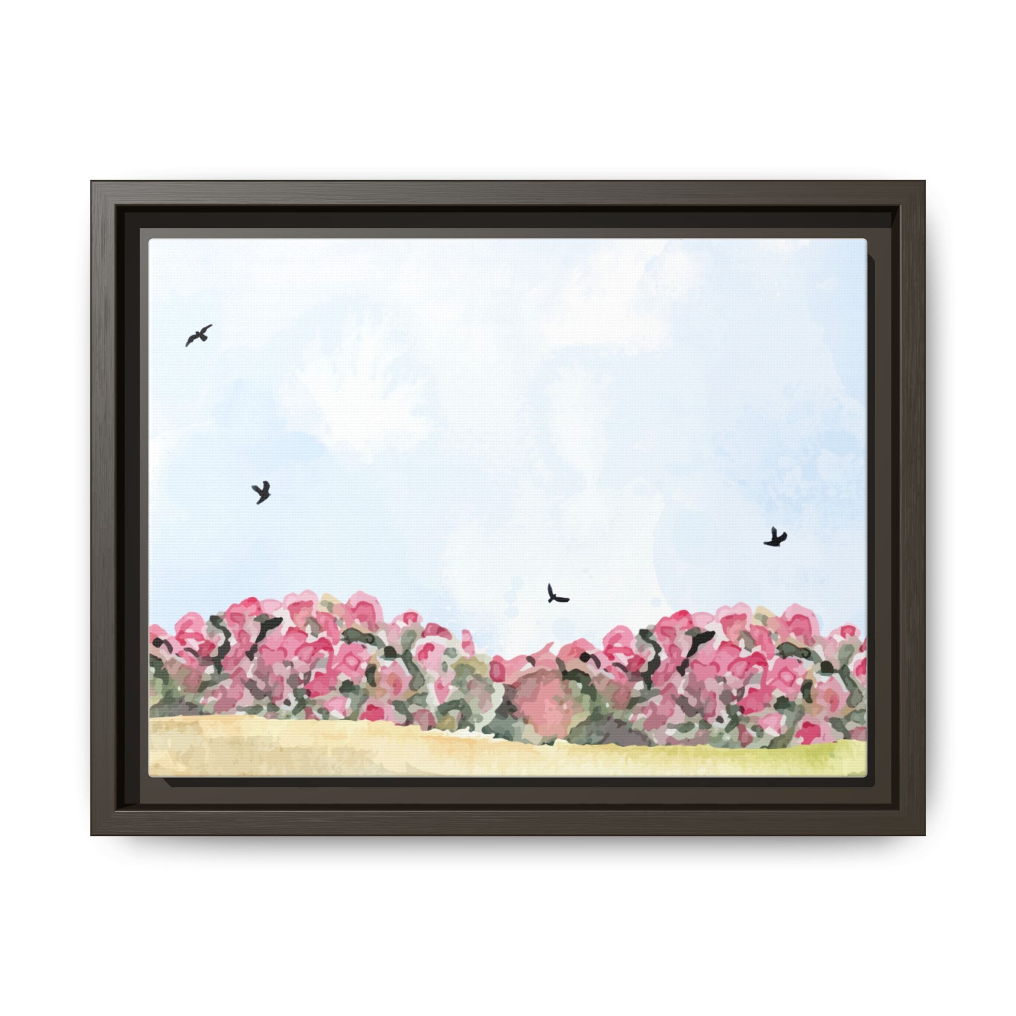 Framed Floral Canvas Art – Pink Bloom Landscape with Birds