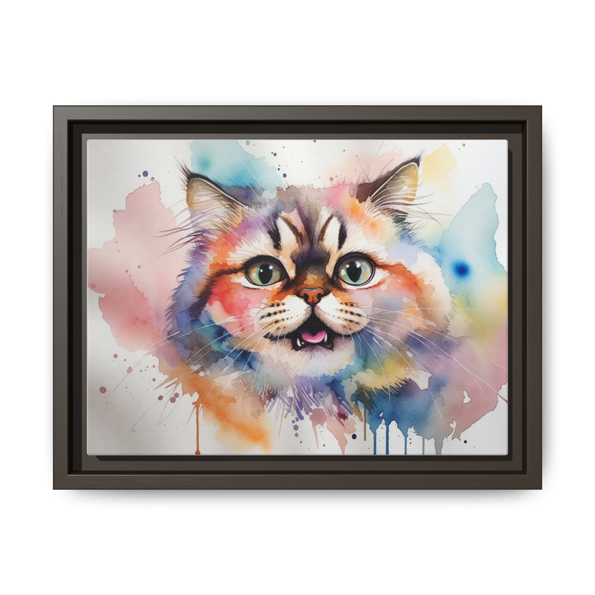 Colorful Watercolor Cat Portrait Framed Canvas