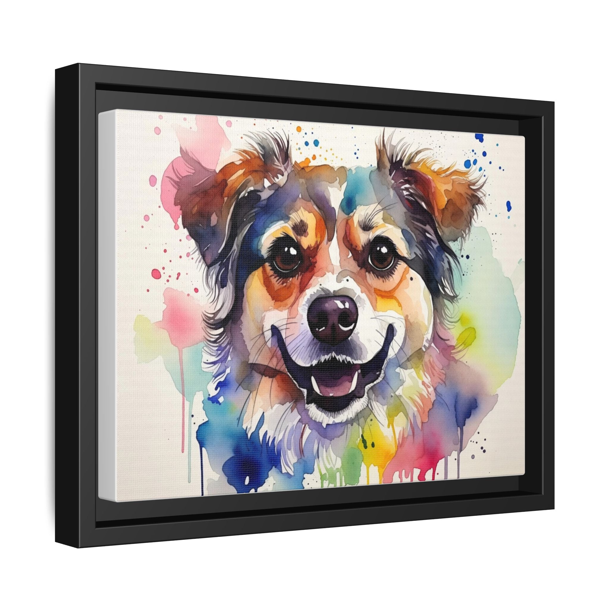 Framed Watercolor Dog Canvas — Vibrant Multi‑Color Pet Portrait