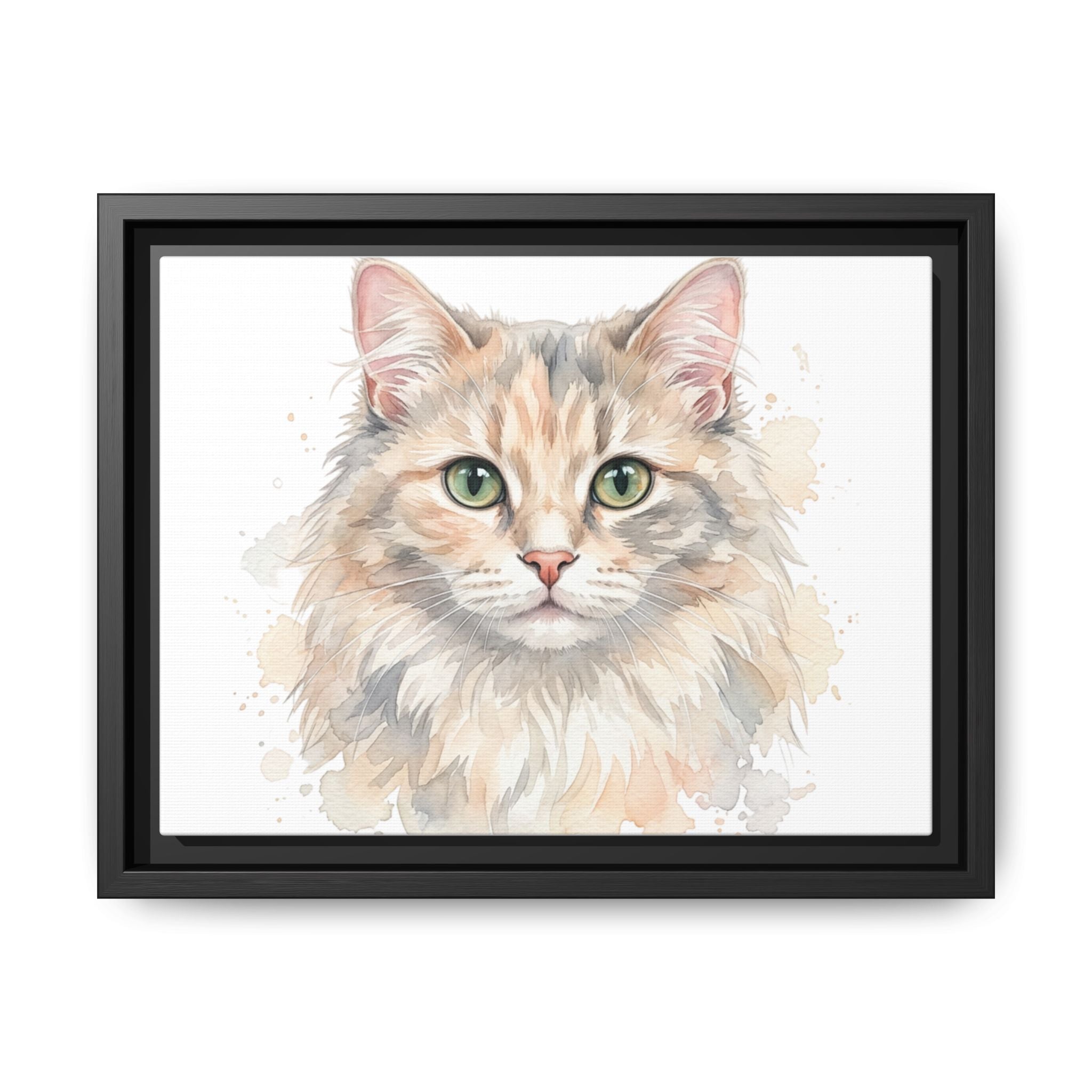Framed Watercolor Cat Portrait Canvas — Matte Multi-Color Wall Art