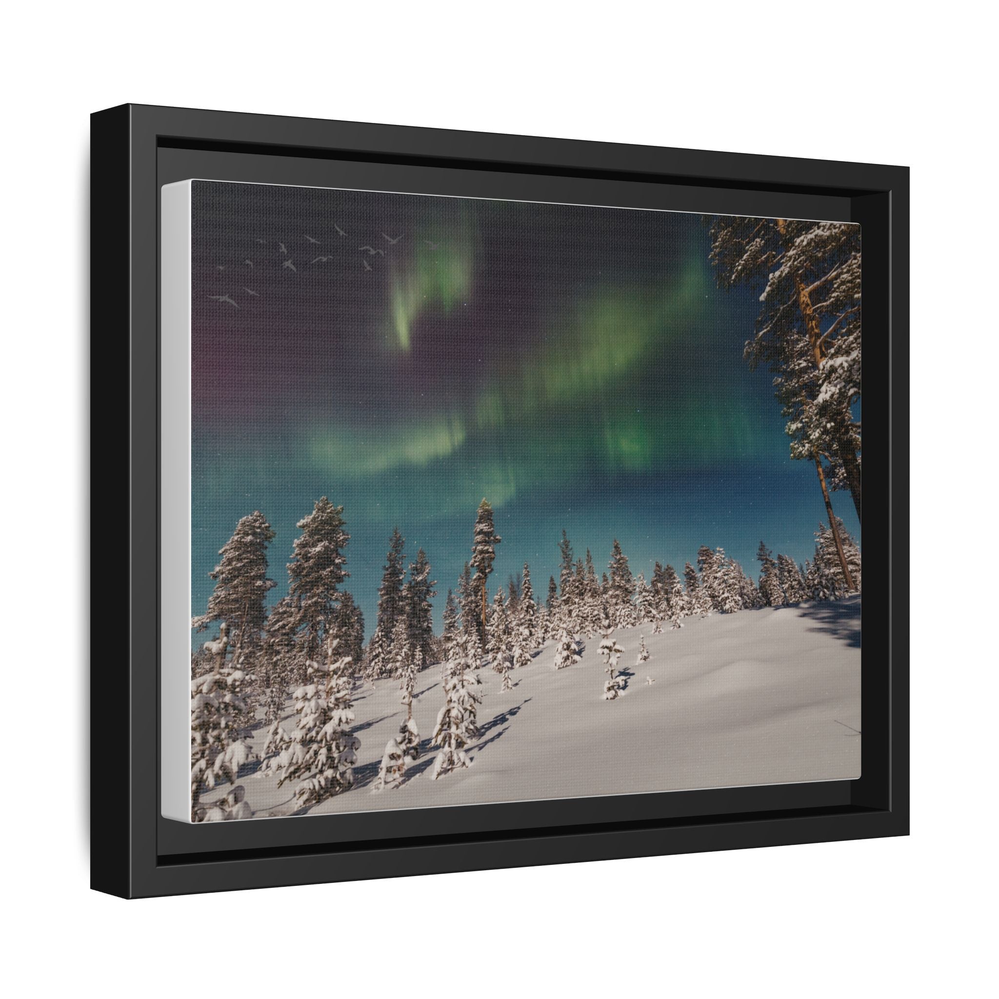 Framed Matte Canvas Print — Northern Lights Aurora Over Snowy Forest
