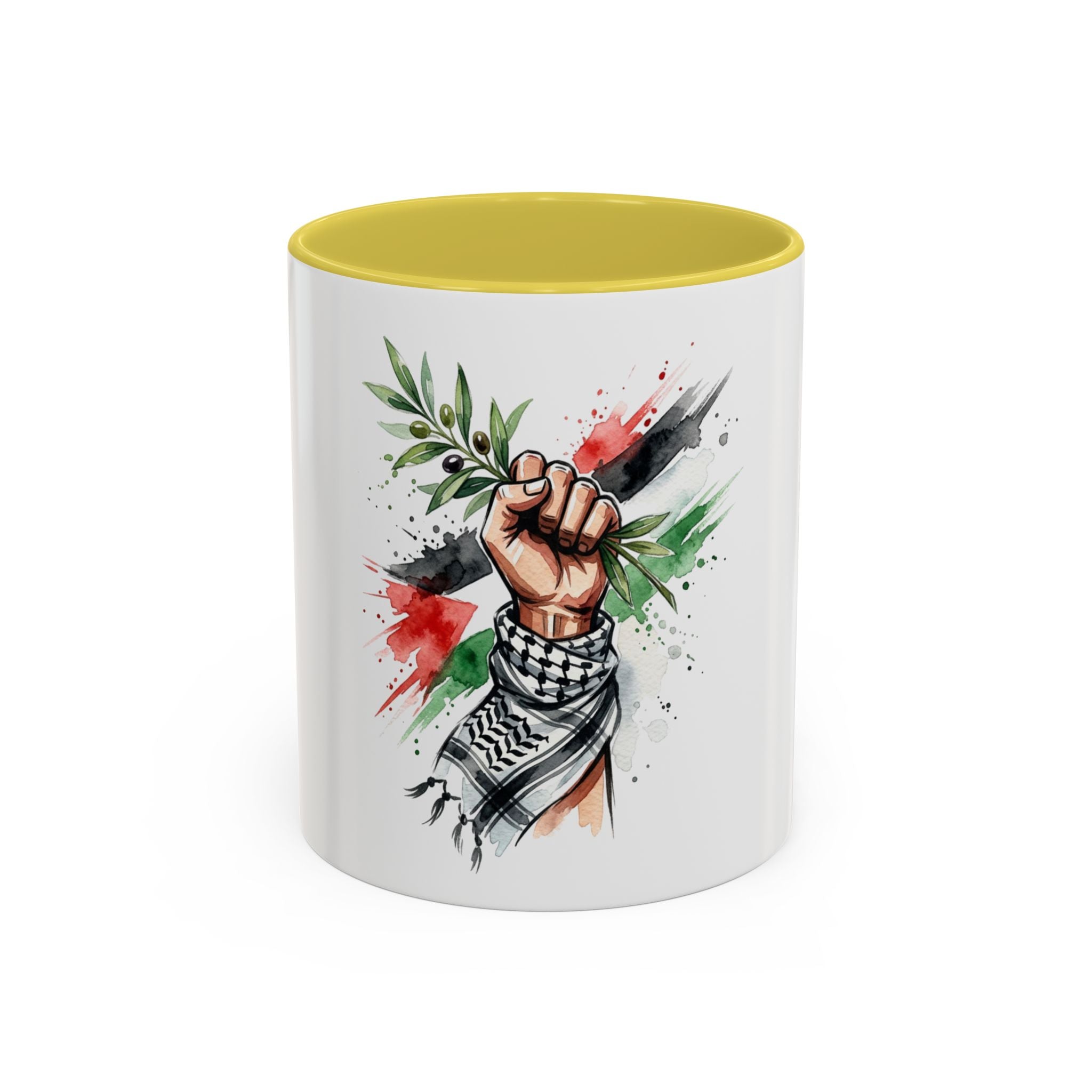 Free Palestine Protest Fist Mug — Olive Branch & Keffiyeh 11oz/15oz