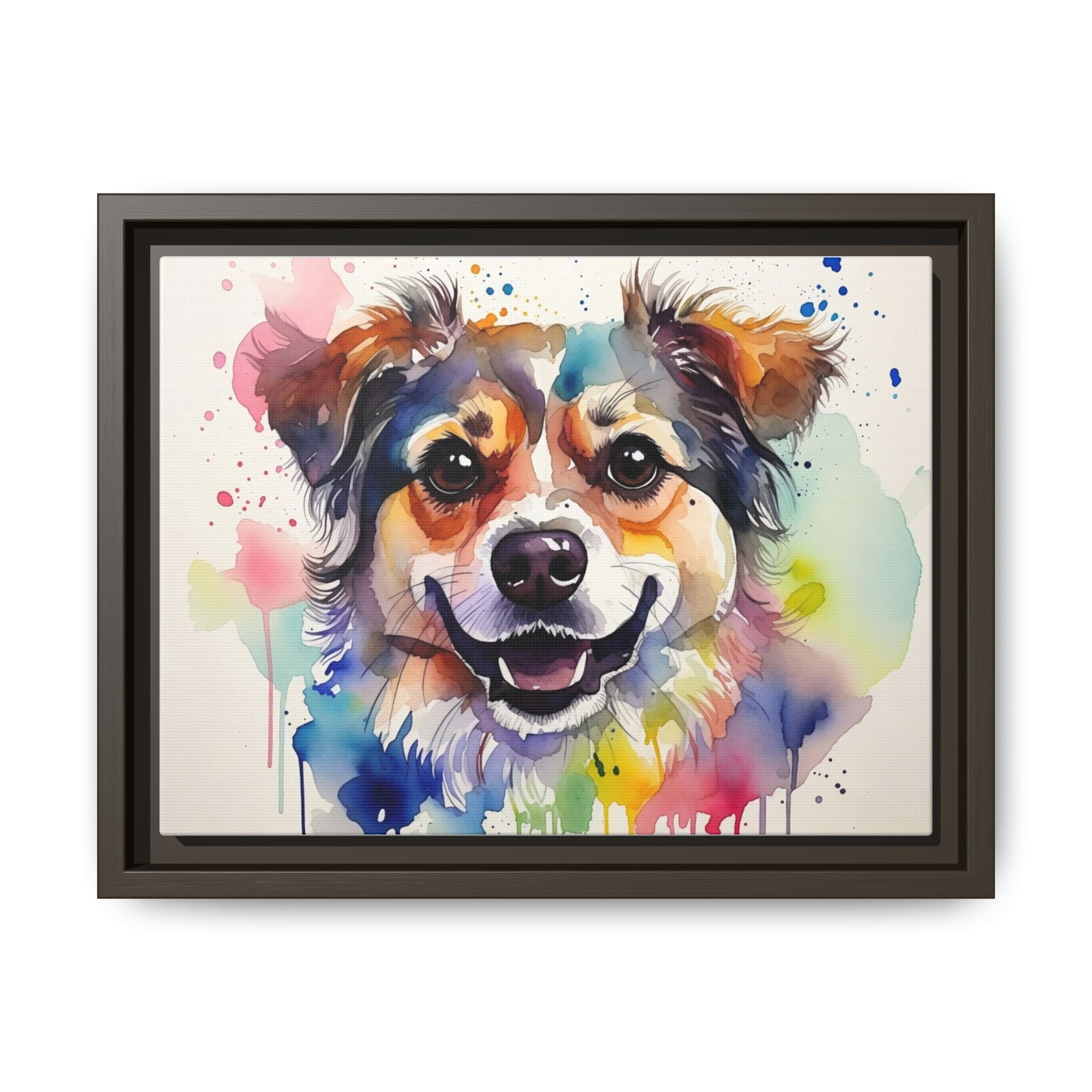 Framed Watercolor Dog Canvas — Vibrant Multi‑Color Pet Portrait