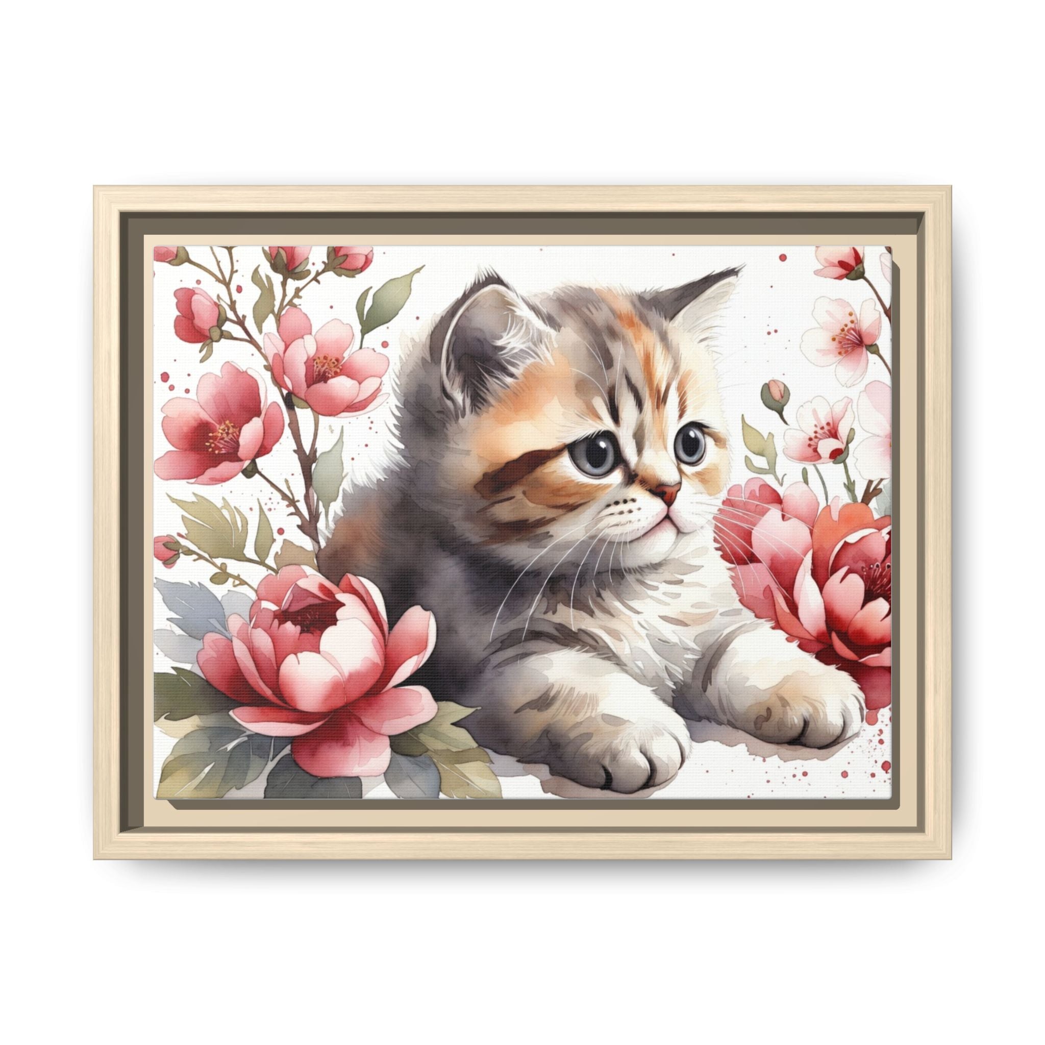 Framed Matte Canvas: Floral Kitten Wall Art