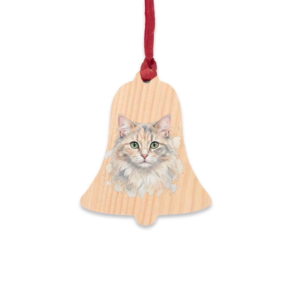 Bell-Shaped Wooden Cat Ornament - Hand-Painted Kitten Holiday Decoration