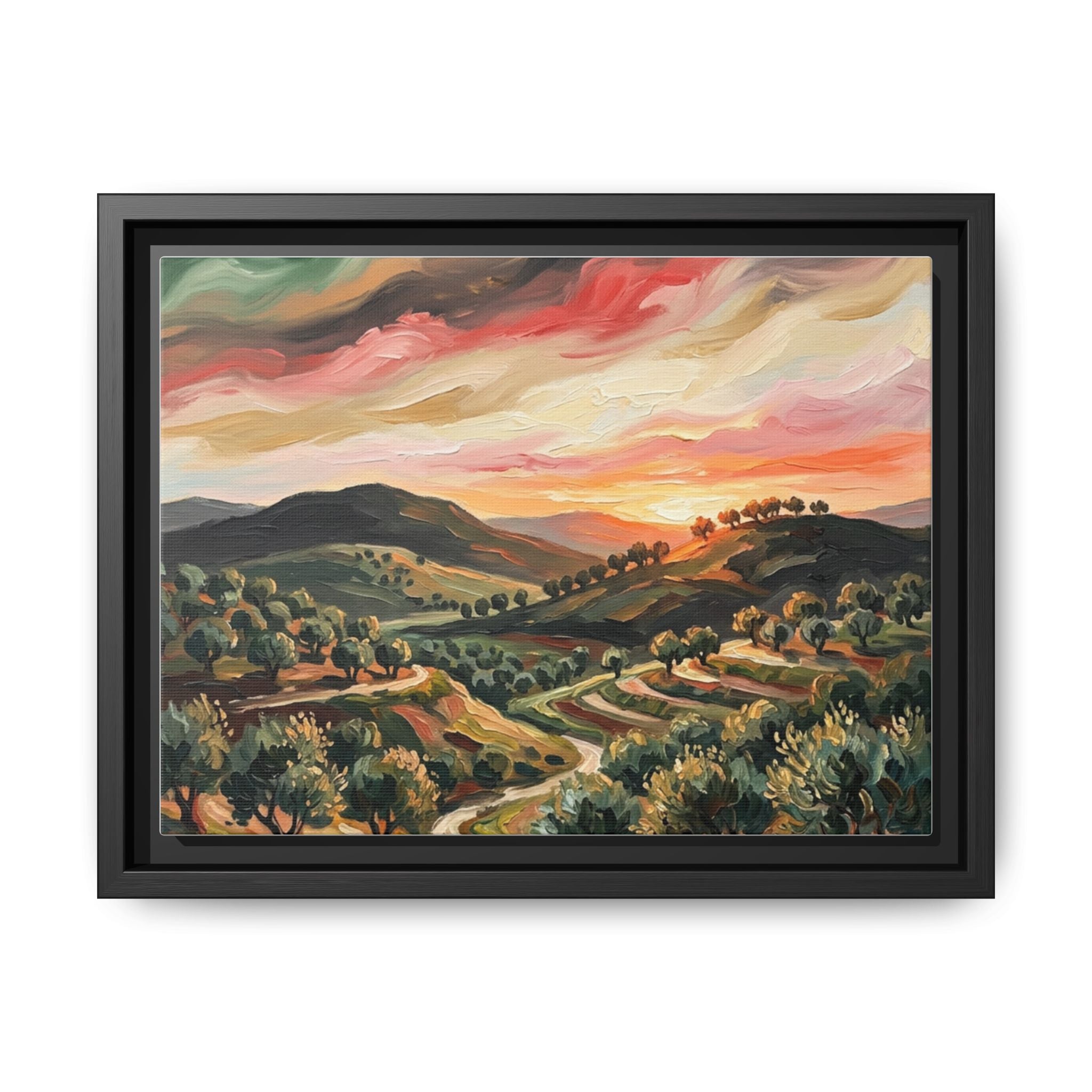 Framed Matte Canvas Art - Colorful Sunset Hills Landscape