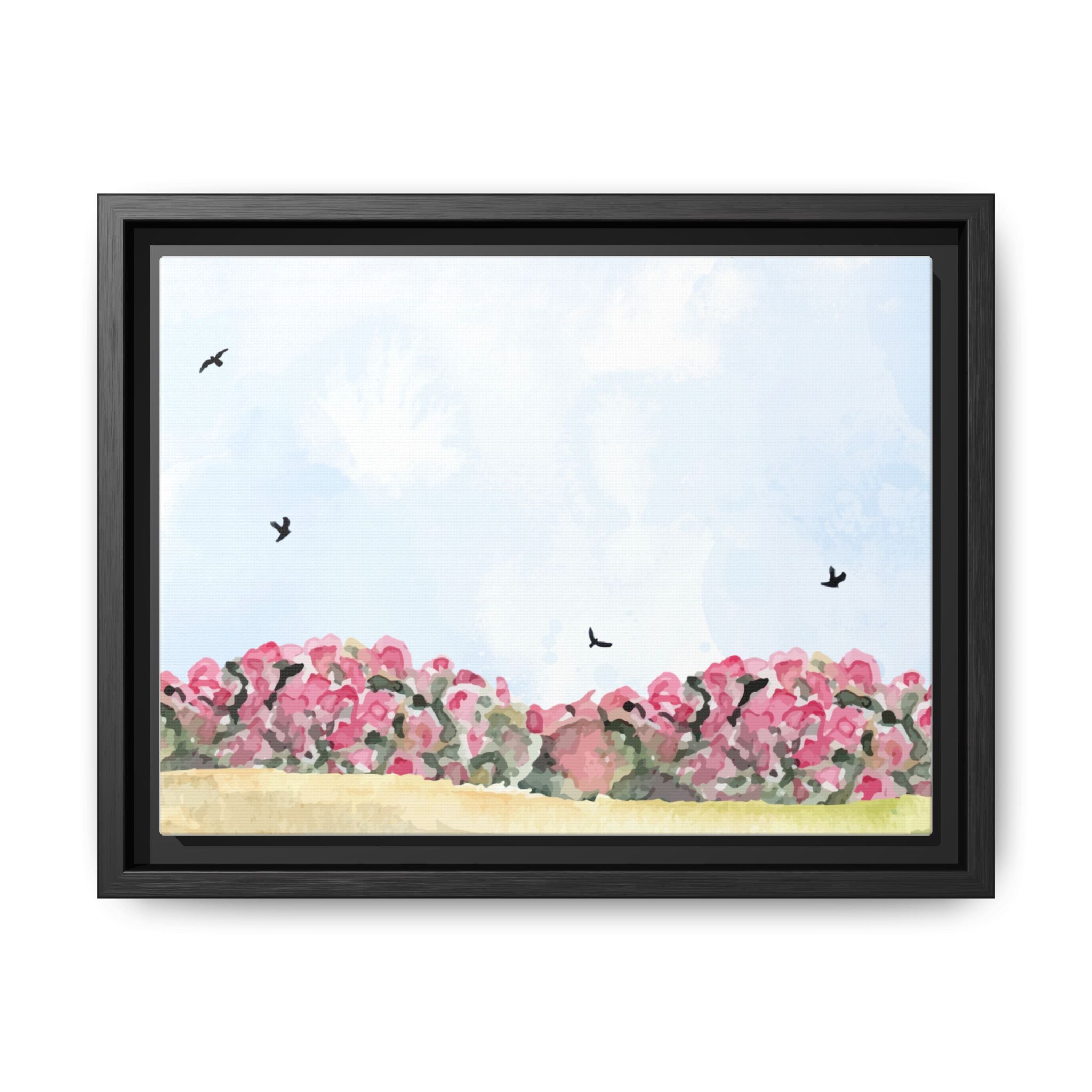 Framed Floral Canvas Art – Pink Bloom Landscape with Birds