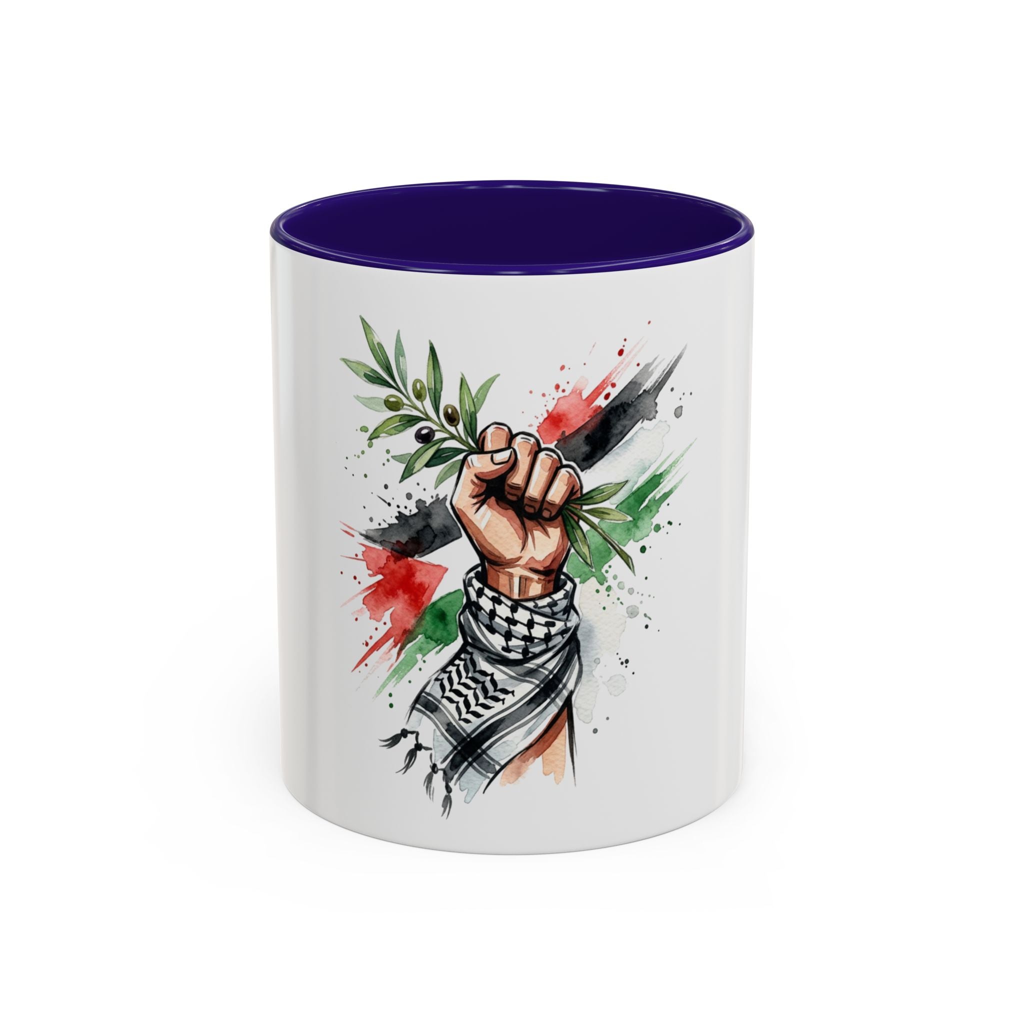 Free Palestine Protest Fist Mug — Olive Branch & Keffiyeh 11oz/15oz