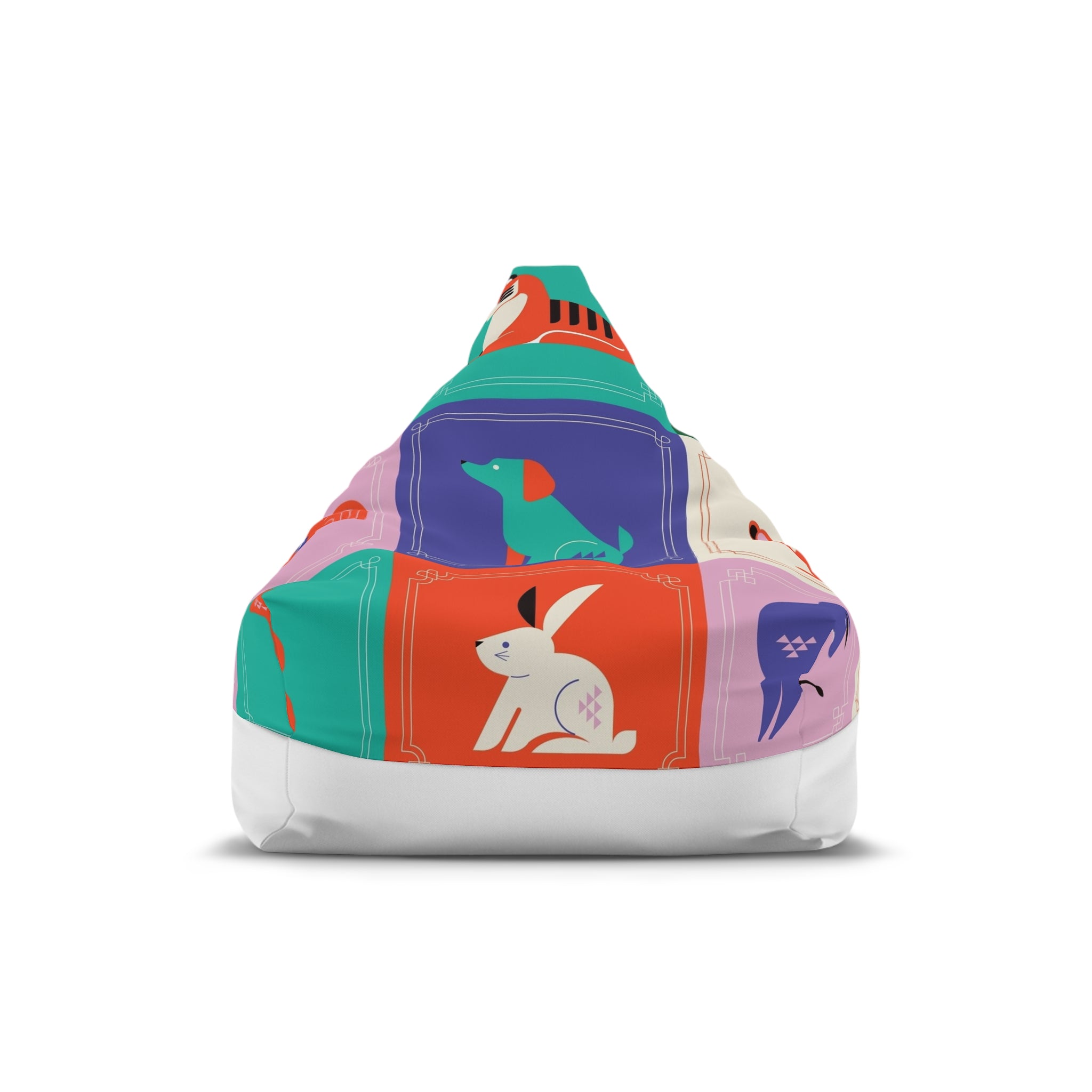 Animal Tile Bean Bag Cover — Colorful Retro Birds & Rabbits Cushion Slipcover
