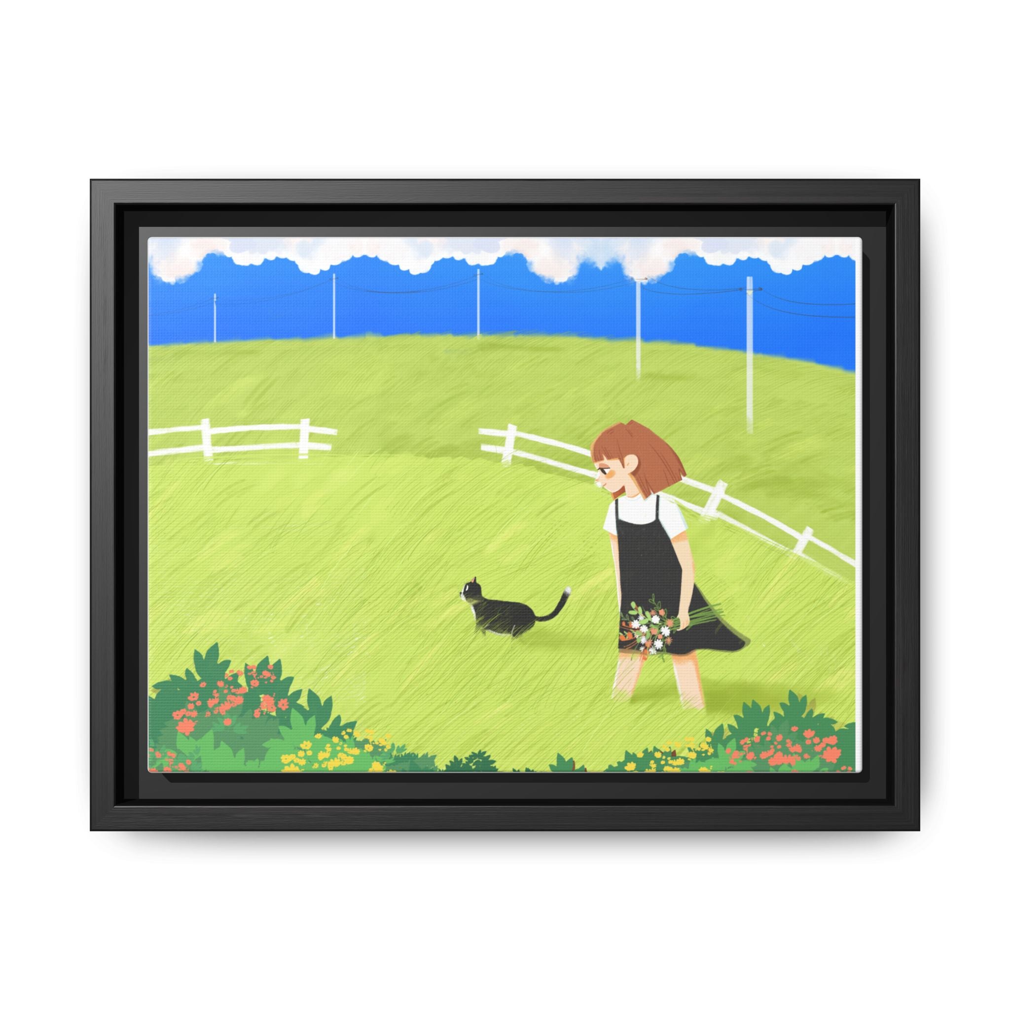 Framed Matte Canvas Print - Girl Walking with Black Cat in Sunny Meadow