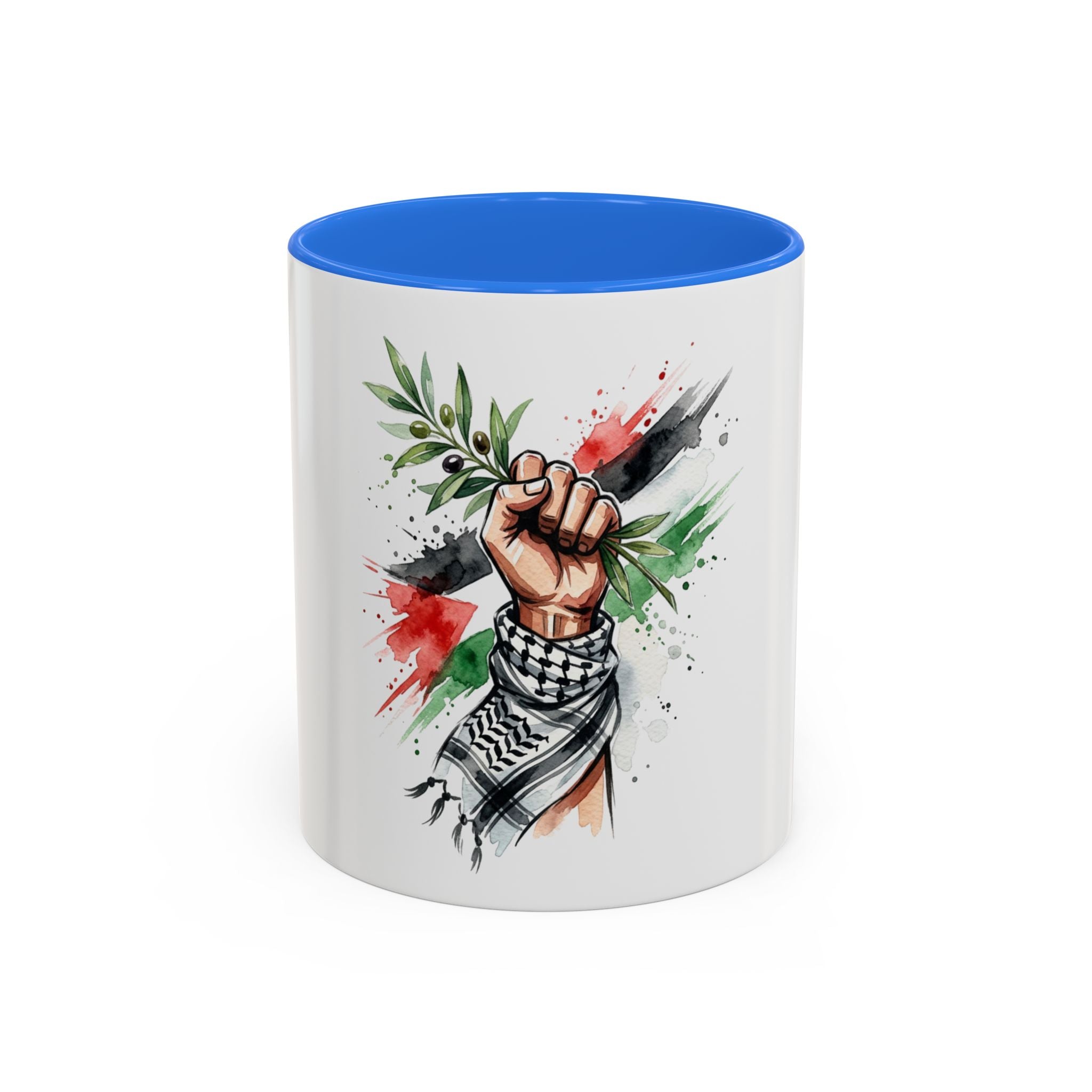 Free Palestine Protest Fist Mug — Olive Branch & Keffiyeh 11oz/15oz