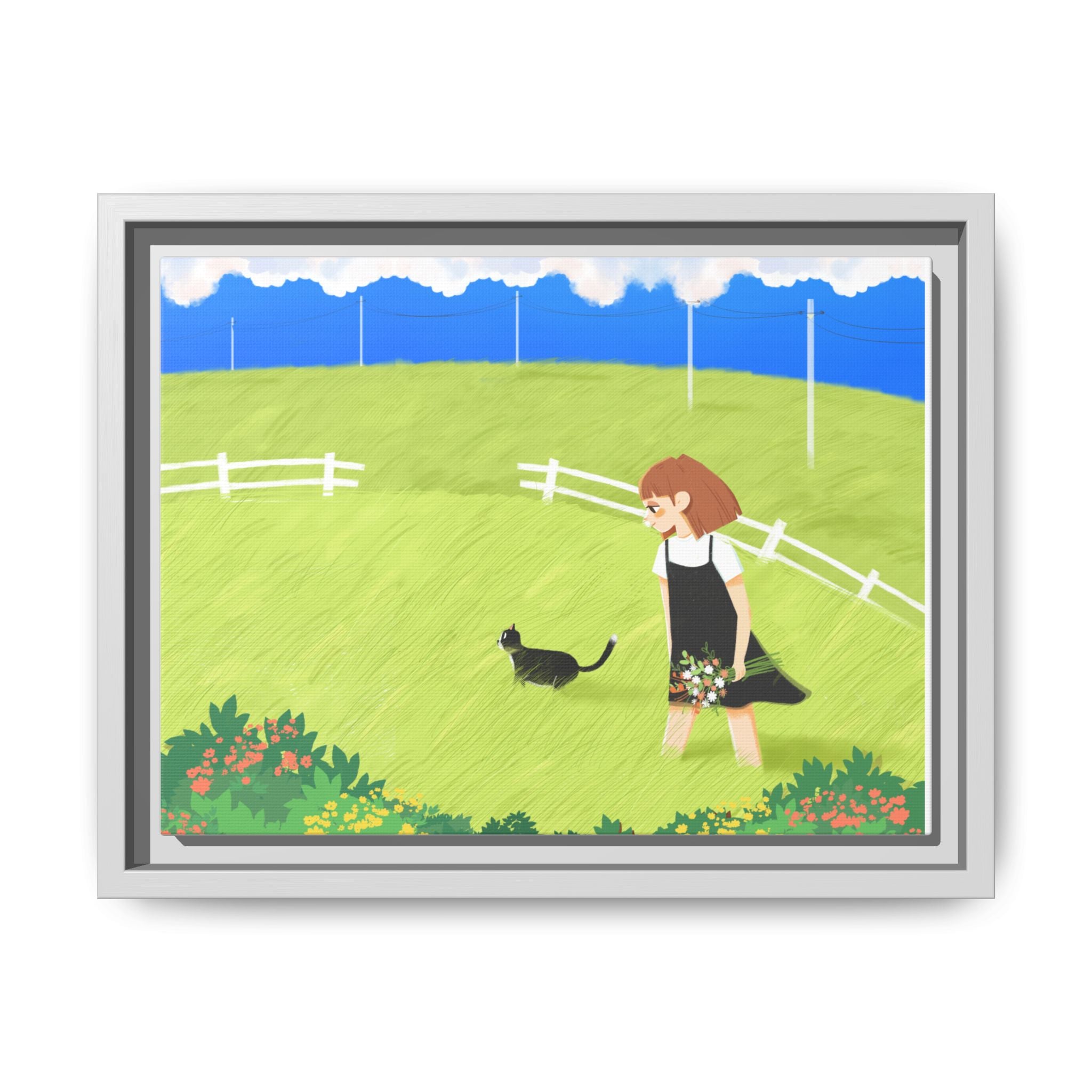 Framed Matte Canvas Print - Girl Walking with Black Cat in Sunny Meadow