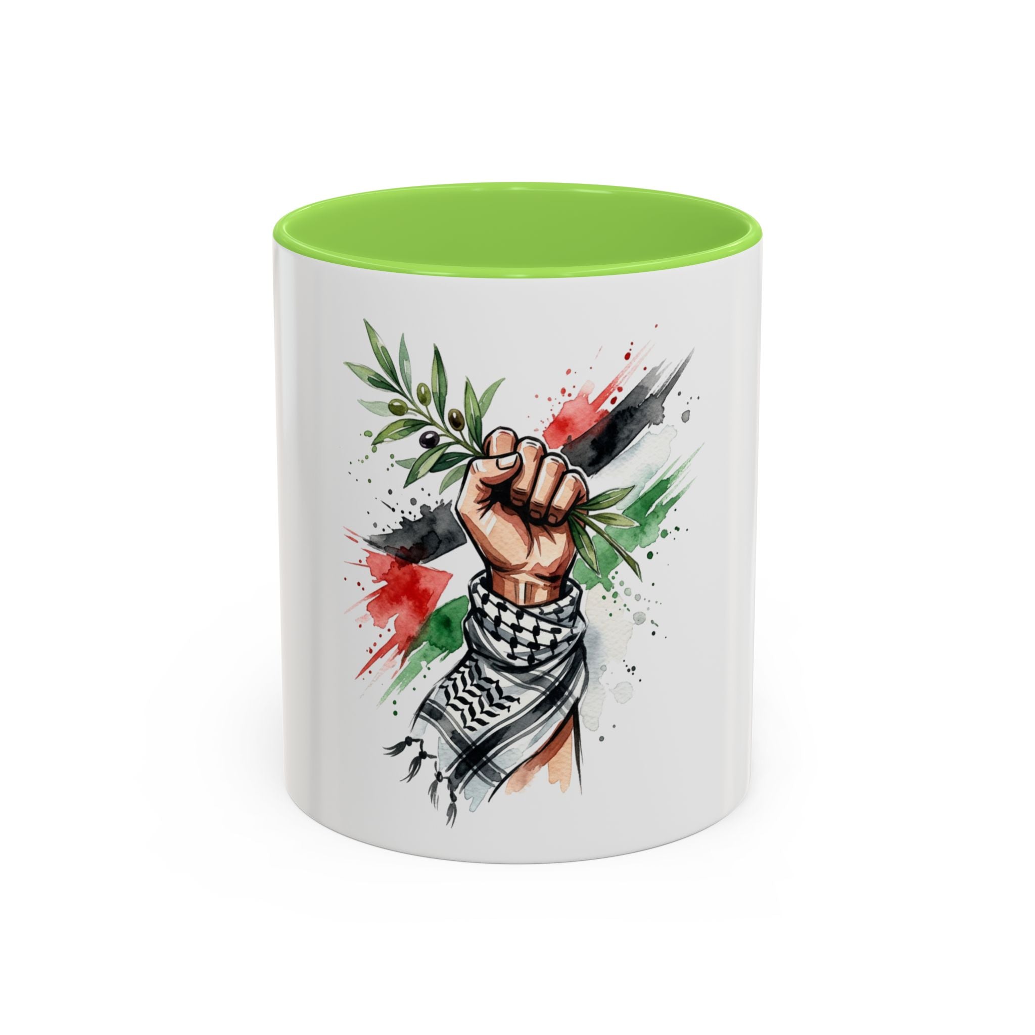 Free Palestine Protest Fist Mug — Olive Branch & Keffiyeh 11oz/15oz