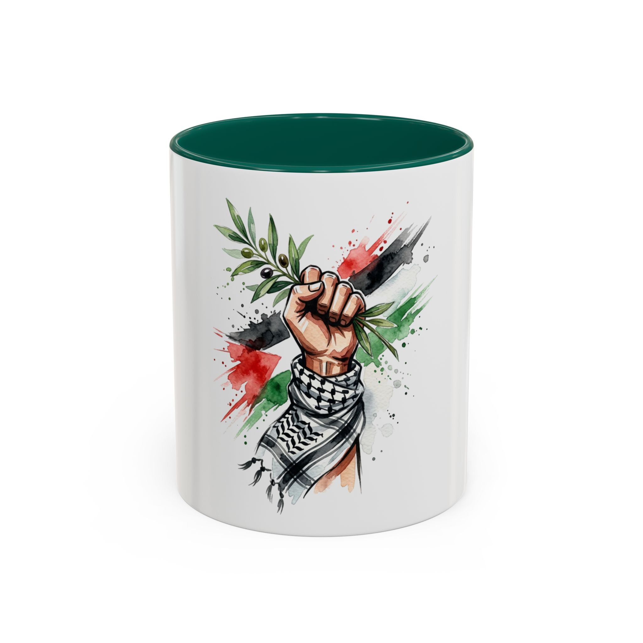 Free Palestine Protest Fist Mug — Olive Branch & Keffiyeh 11oz/15oz