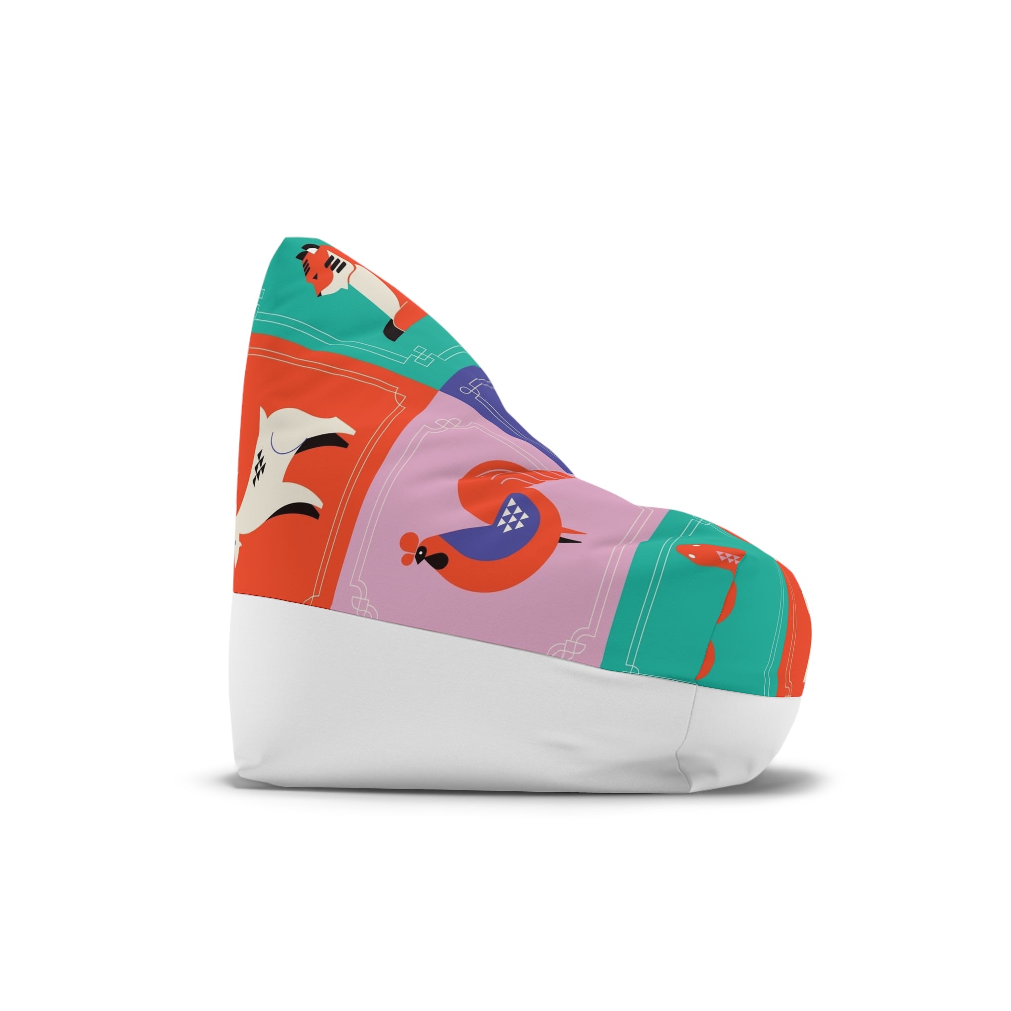 Animal Tile Bean Bag Cover — Colorful Retro Birds & Rabbits Cushion Slipcover