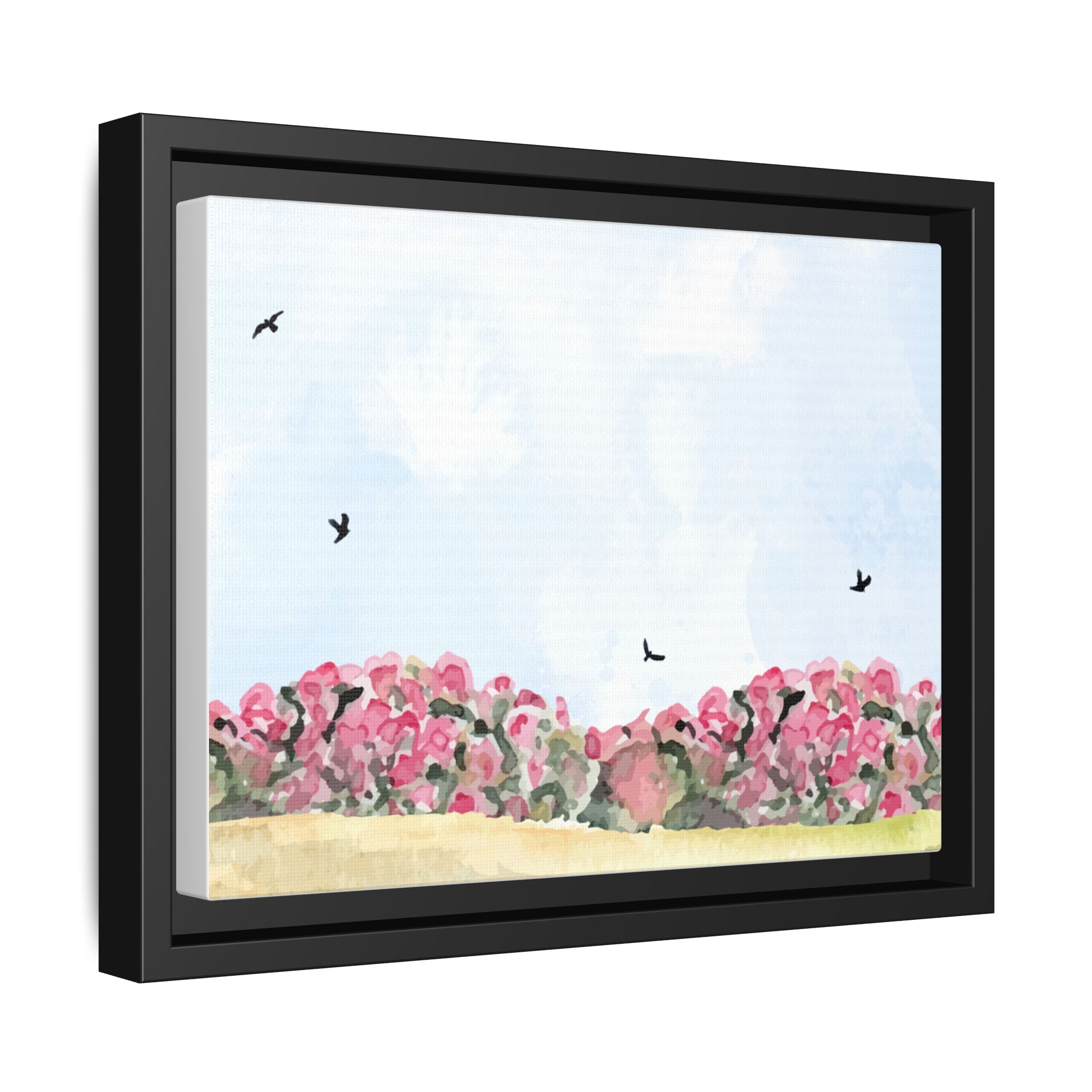 Framed Floral Canvas Art – Pink Bloom Landscape with Birds