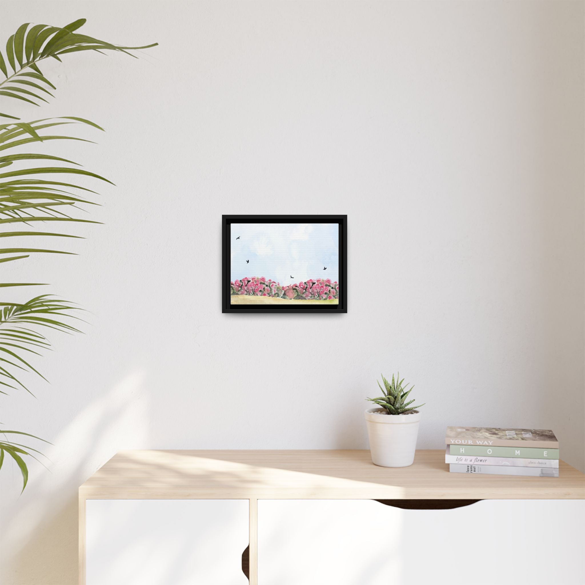 Framed Floral Canvas Art – Pink Bloom Landscape with Birds