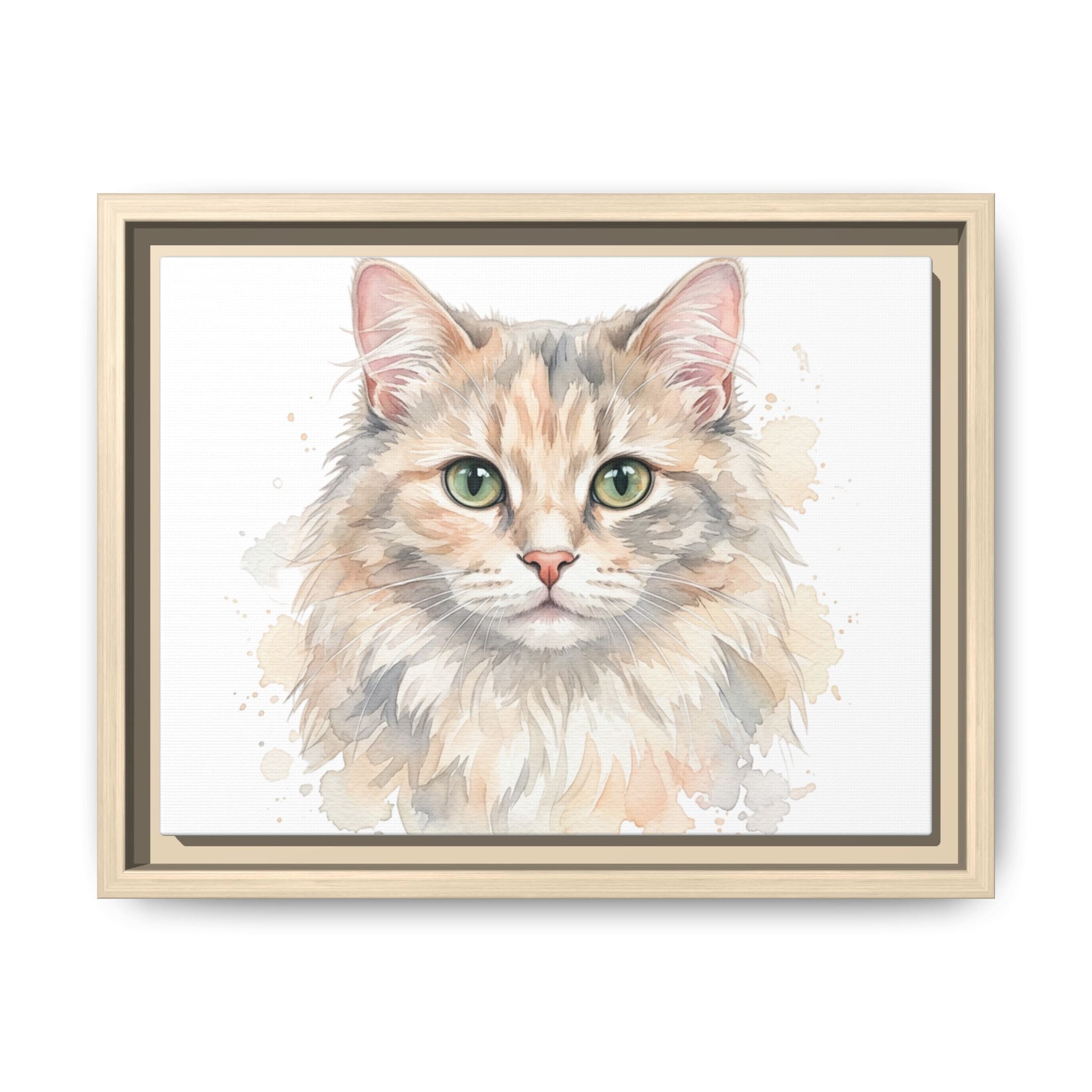Framed Watercolor Cat Portrait Canvas — Matte Multi-Color Wall Art