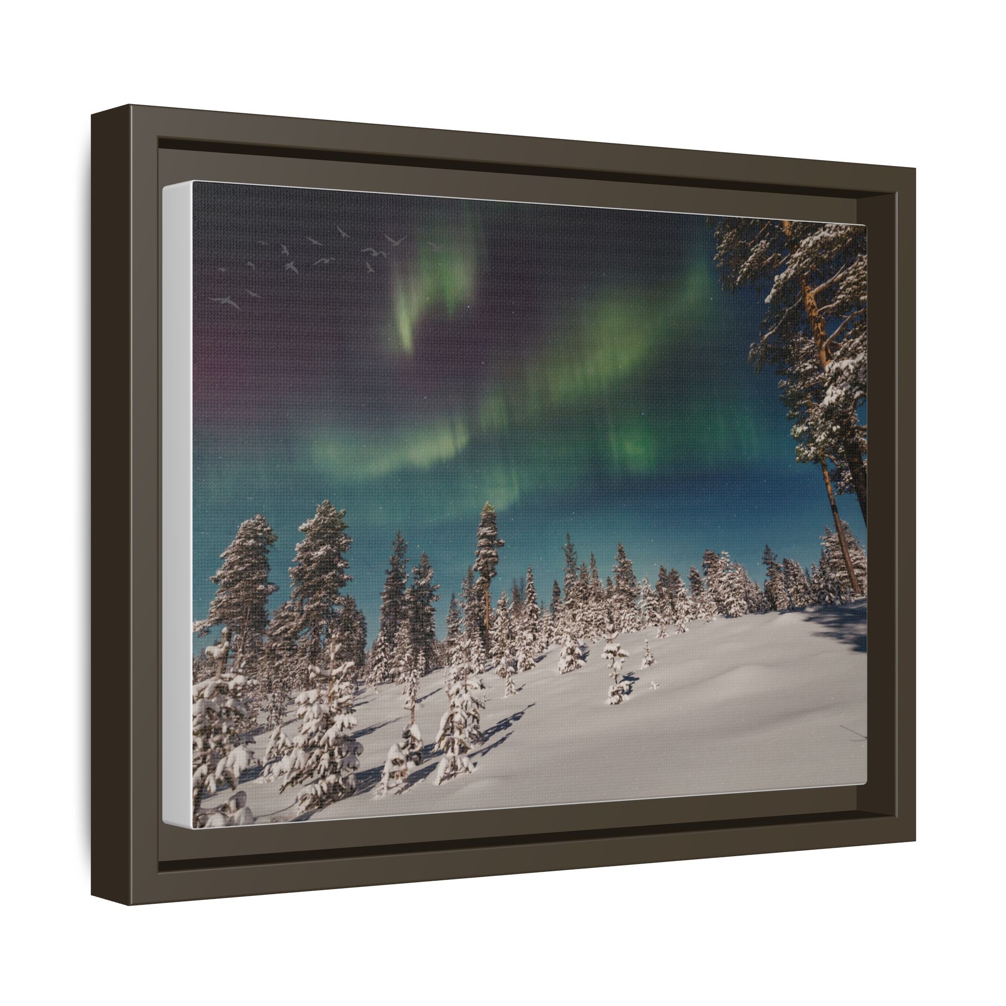 Framed Matte Canvas Print — Northern Lights Aurora Over Snowy Forest