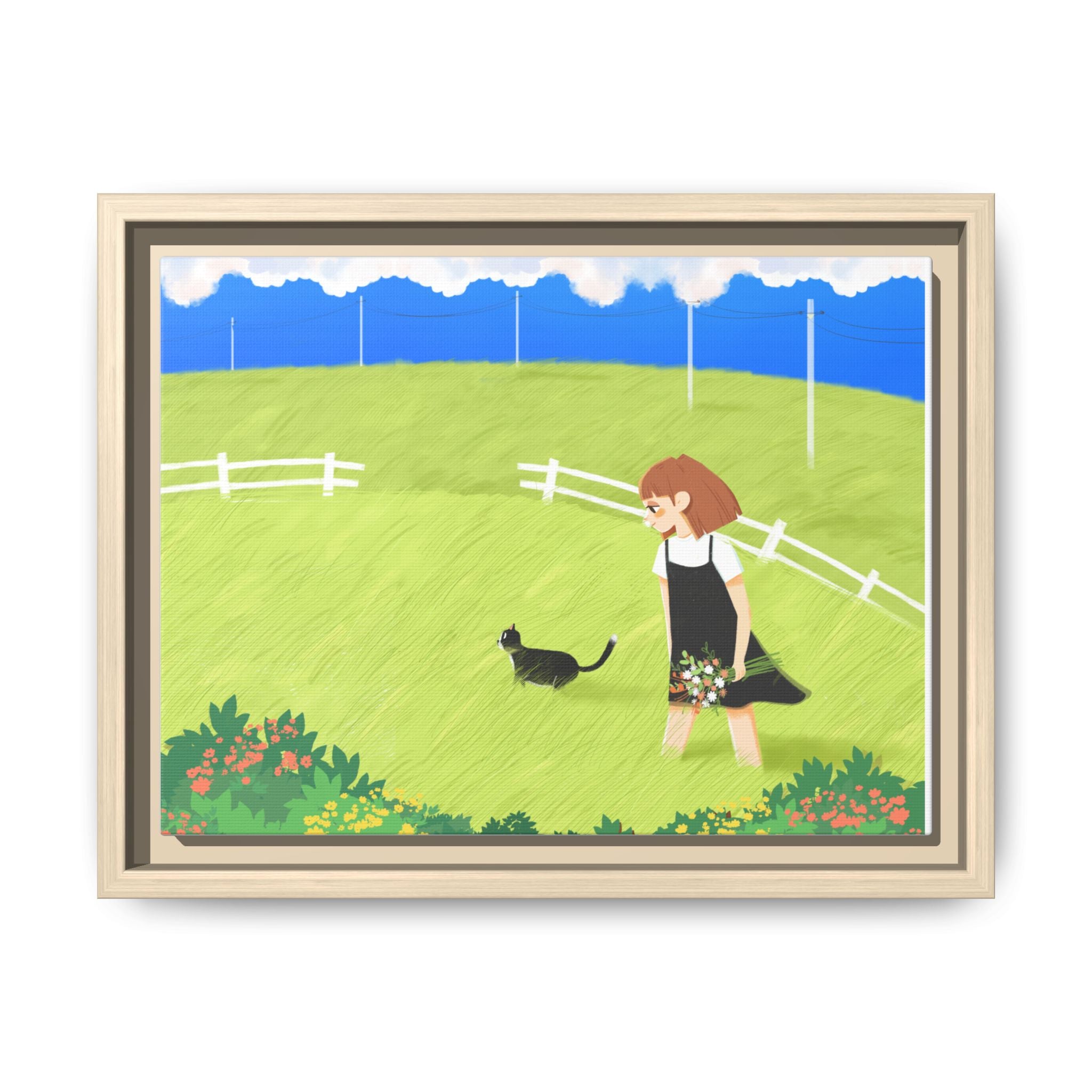 Framed Matte Canvas Print - Girl Walking with Black Cat in Sunny Meadow
