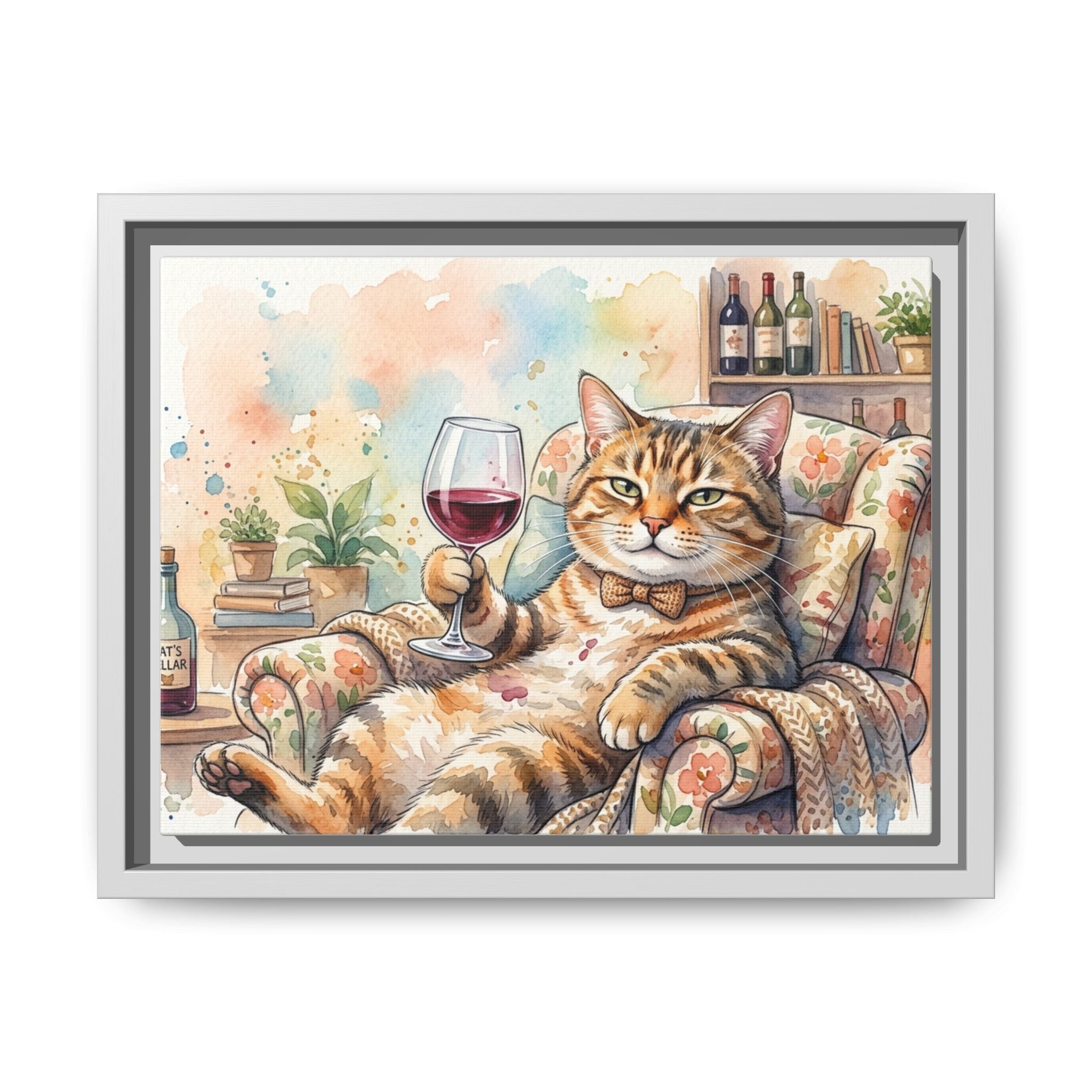 Framed Canvas Art — Relaxed Cat with Wine Watercolor Print