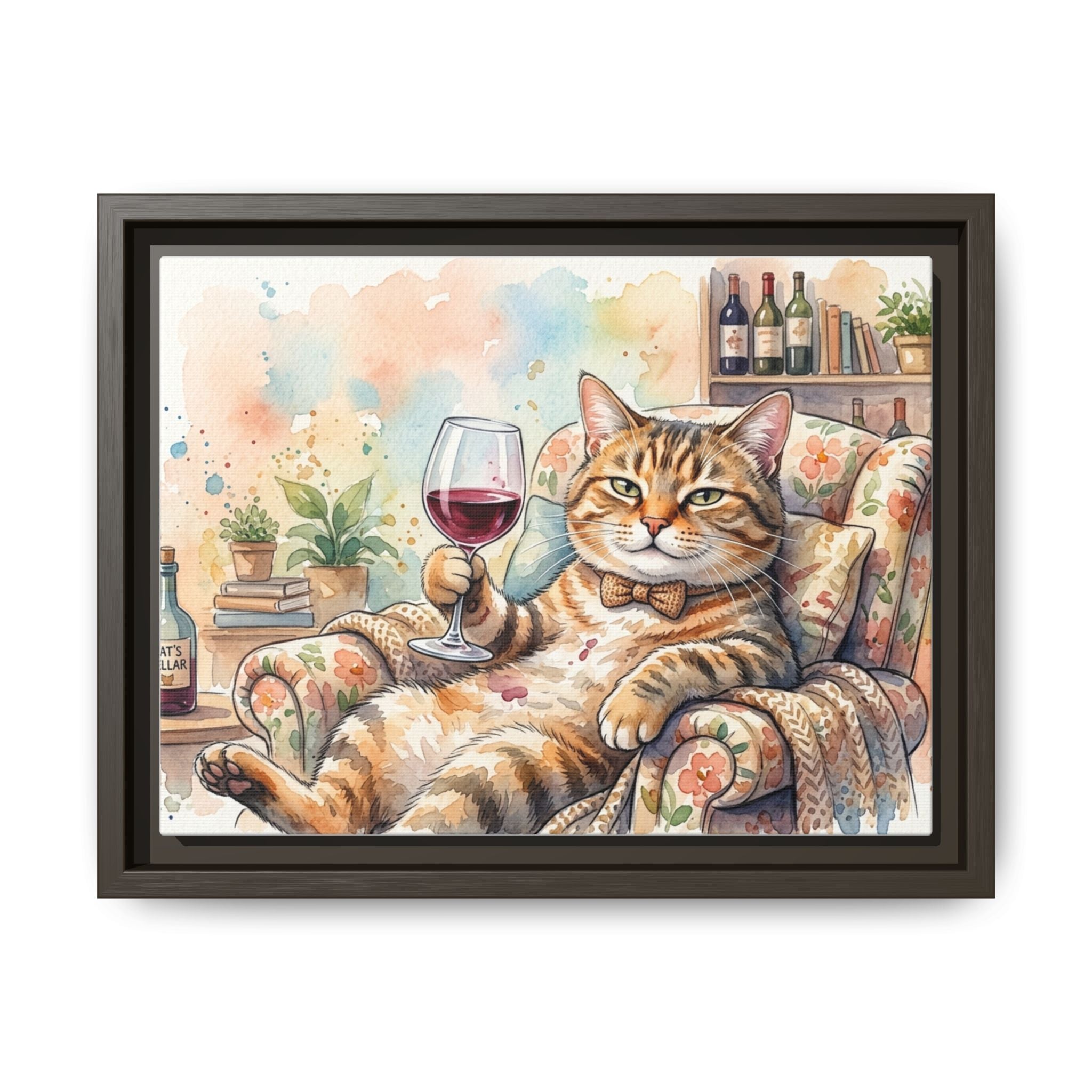 Framed Canvas Art — Relaxed Cat with Wine Watercolor Print