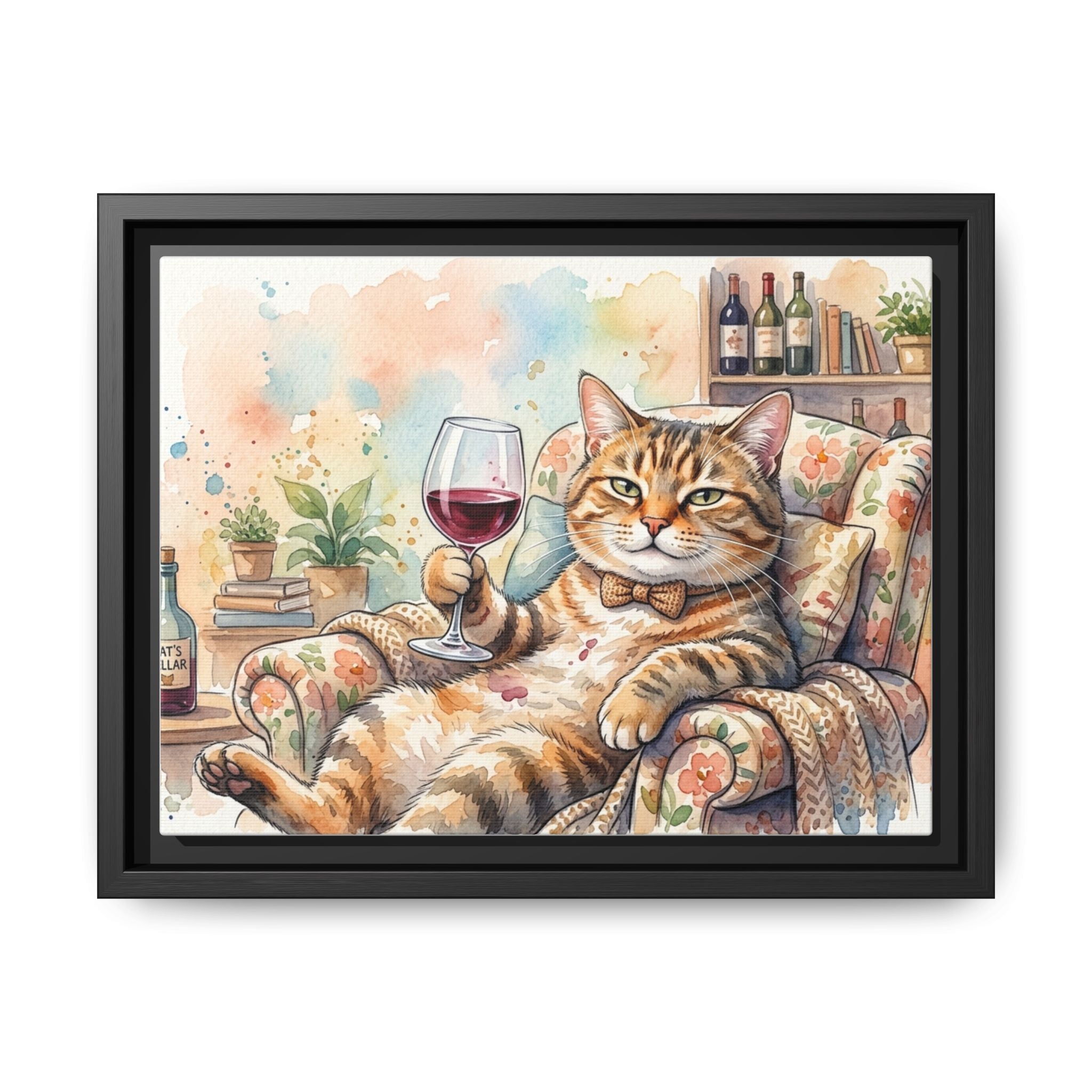 Framed Canvas Art — Relaxed Cat with Wine Watercolor Print