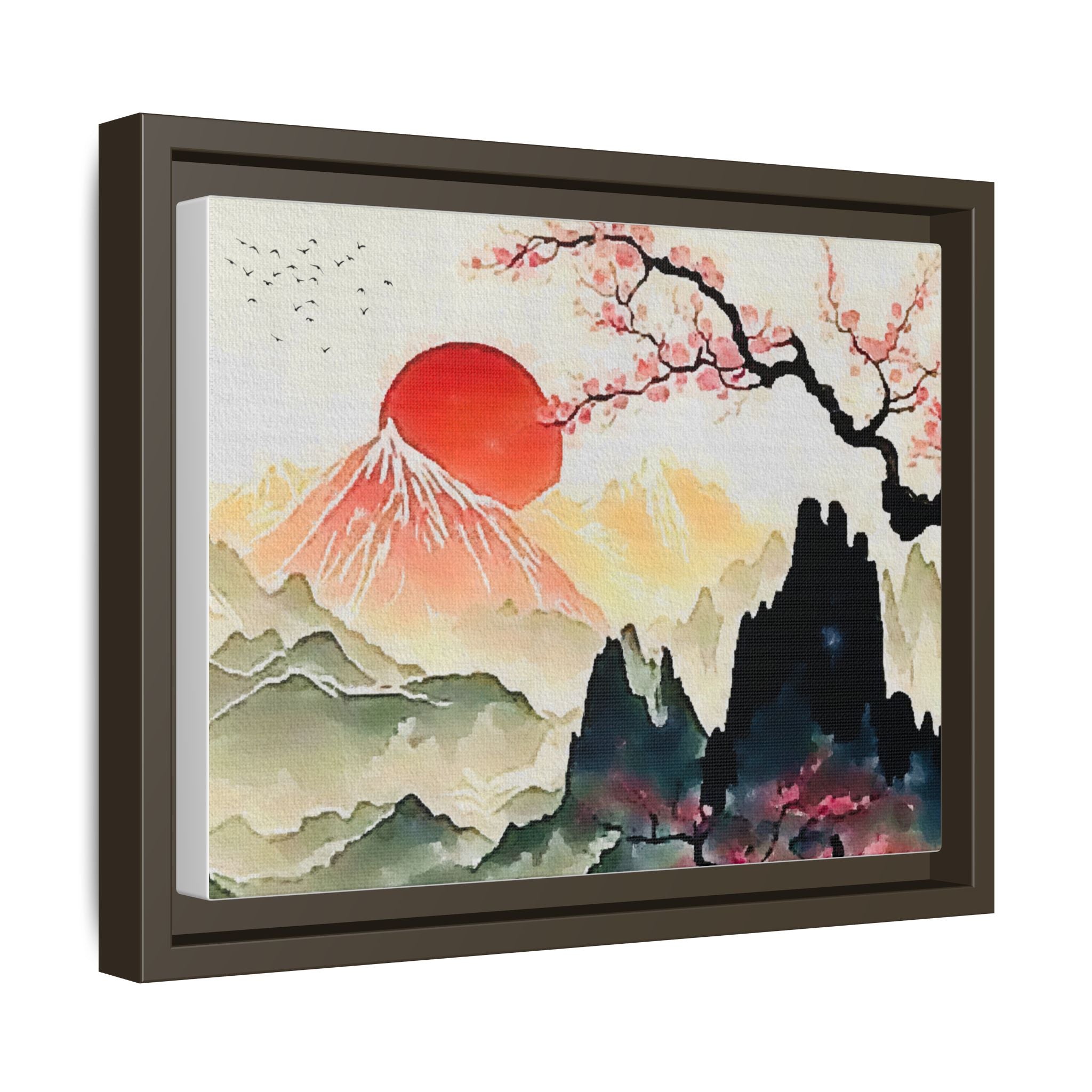 Framed Matte Canvas - Japanese Sunrise Landscape with Cherry Blossoms
