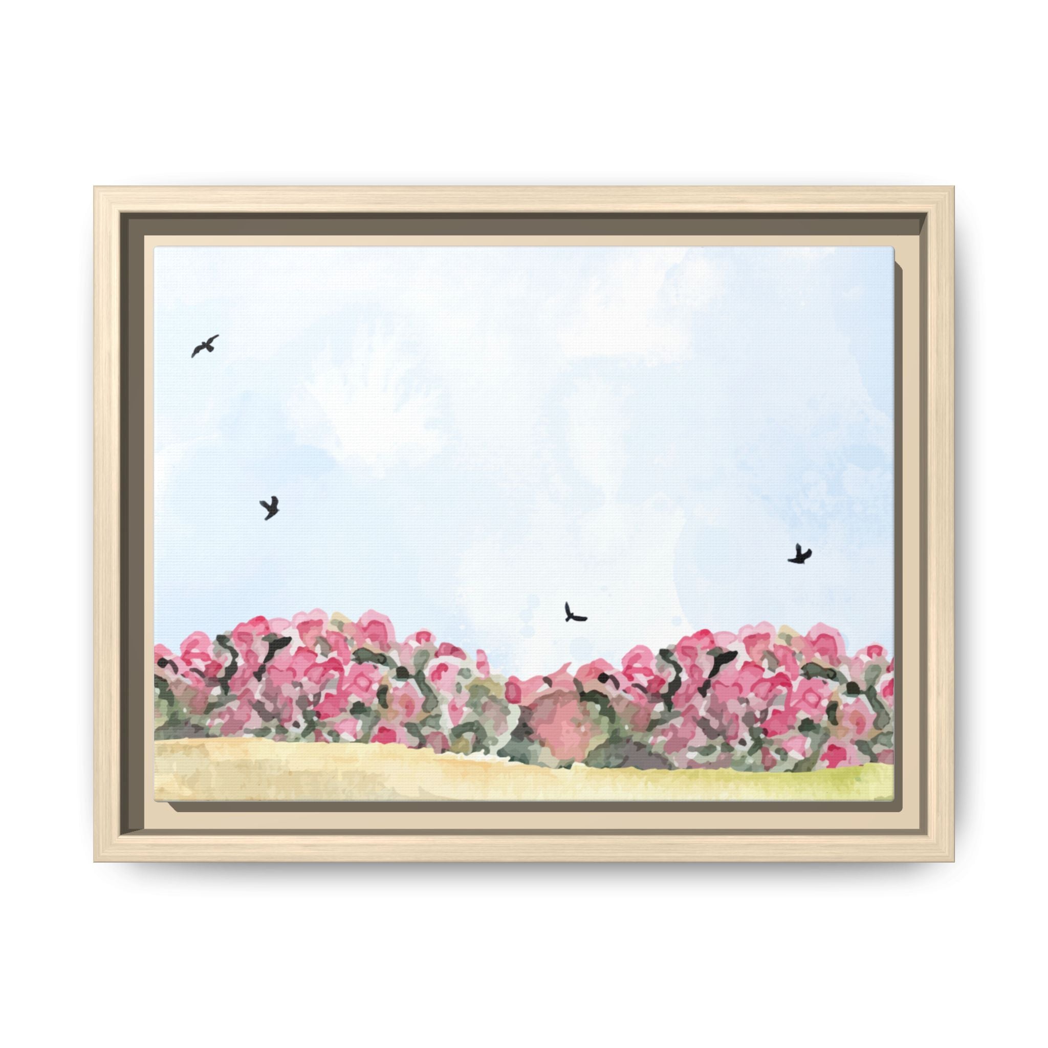 Framed Floral Canvas Art – Pink Bloom Landscape with Birds