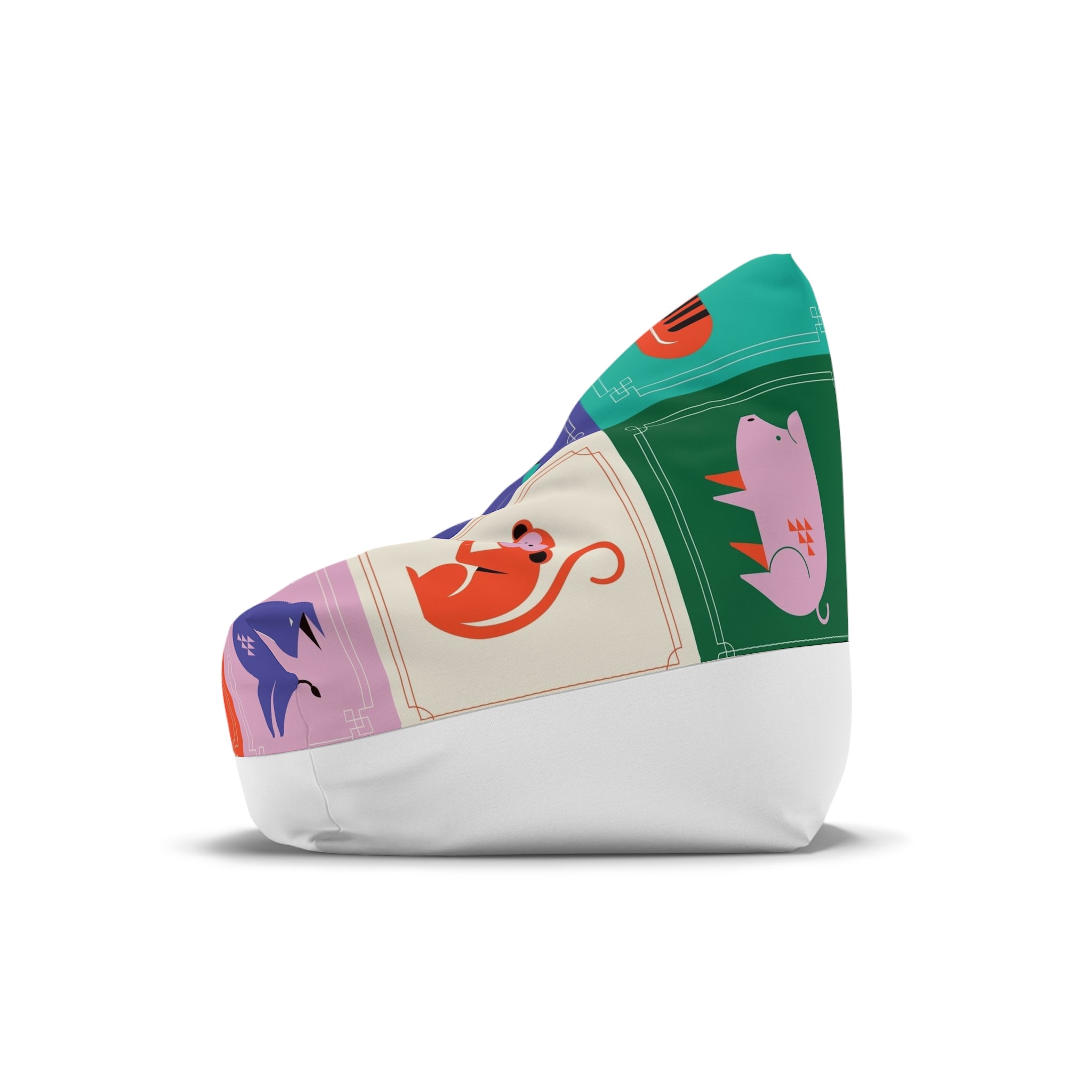 Animal Tile Bean Bag Cover — Colorful Retro Birds & Rabbits Cushion Slipcover