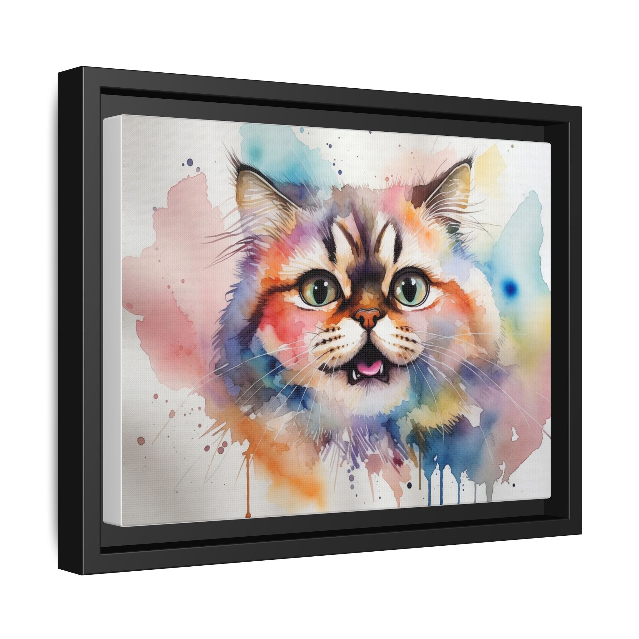 Colorful Watercolor Cat Portrait Framed Canvas