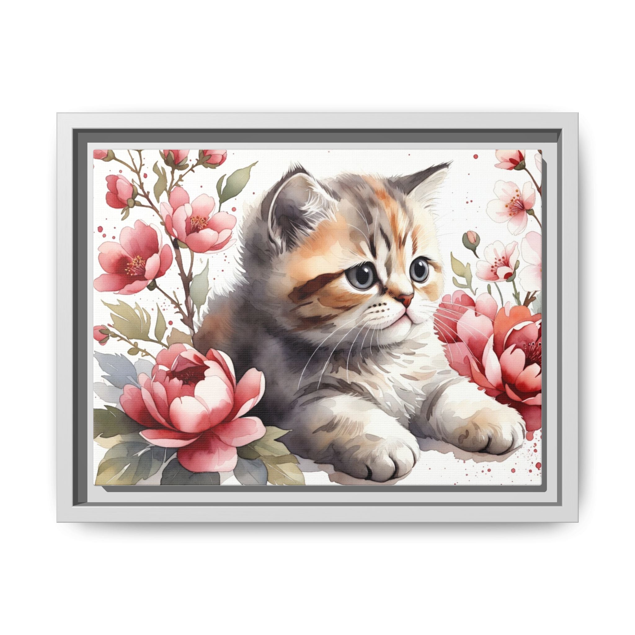 Framed Matte Canvas: Floral Kitten Wall Art